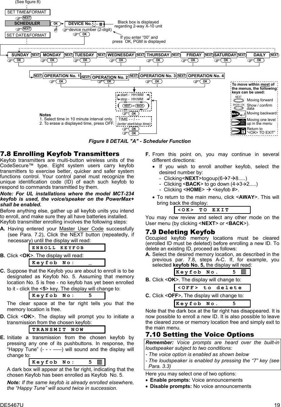 DE5467U  19 SUNDAY NEXT NEXT NEXT WEDNESDAY NEXT NEXT NEXT NEXTFRIDAY DAILYSET TIME&amp;FORMATNEXTSET DATE&amp;FORMATdevice number (2-digit)SCHEDULER OKOKNEXTDEVICE No.OKOKOKOKNEXT OPERATION No. 1OKNEXT OPERATION No. 2OKNEXT OPERATION No. 3OKNEXT OPERATION No. 4OKstart -  HH:MMstop -  HH:MMBACKorNEXTTIME - - / - -(enter start/stop time)OKMONDAYOKTUESDAYOKTHURSDAYOKNEXTSATURDAYOKMoving forwardMoving backwardMoving one levelup in the menuReturn to“&lt;OK&gt; TO EXIT”NEXTTo move within most ofthe menus, the followingkeys can be used:SHOW / OK Show / confirmdataBlack box is displayedregarding 2-way X-10 unitIf you enter “00” andpress  OK, PGM is displayedNotes1. Select time in 10 minute interval only.2. To erase a displayed time, press OFF.(See figure 8)OKOK Figure 8 DETAIL &quot;A&quot; - Scheduler Function   7.8 Enrolling Keyfob Transmitters  Keyfob transmitters are multi-button wireless units of the CodeSecure™ type. Eight system users carry keyfob transmitters to exercise better, quicker and safer system functions control. Your control panel must recognize the unique identification code (ID) of each such keyfob to respond to commands transmitted by them. Note: For UL installations where the model MCT-234 keyfob is used, the voice/speaker on the PowerMax+ shall be enabled. Before anything else, gather up all keyfob units you intend to enroll, and make sure they all have batteries installed. Keyfob transmitter enrolling involves the following steps: A. Having entered your Master User Code successfully (see Para. 7.2), Click the NEXT button (repeatedly, if necessary) until the display will read:   ENROLL KEYFOB B. Click &lt;OK&gt;. The display will read:  Keyfob No:   _ C. Suppose that the Keyfob you are about to enroll is to be designated as Keyfob No. 5. Assuming that memory location No. 5 is free - no keyfob has yet been enrolled to it - click the &lt;5&gt; key. The display will change to:   Keyfob No:   5   The clear space at the far right tells you that the memory location is free. D. Click &lt;OK&gt;. The display will prompt you to initiate a transmission from the chosen keyfob:  TRANSMIT NOW E. Initiate a transmission from the chosen keyfob by pressing any one of its pushbuttons. In response, the “Happy Tune” (- - - –––) will sound and the display will change to:  Keyfob No:   5    A dark box will appear at the far right, indicating that the chosen Keyfob has been enrolled as Keyfob  No. 5.  Note: If the same keyfob is already enrolled elsewhere, the “Happy Tune” will sound twice in succession. F. From this point on, you may continue in several different directions: •  If you wish to enroll another keyfob, select the desired number by:    - Clicking &lt;NEXT&gt; to go up (678.....)    -  Clicking &lt;BACK&gt; to go down (432.....)      - Clicking &lt;HOME&gt;  &lt;keyfob #&gt;. • To return to the main menu, click &lt;AWAY&gt;. This will bring back the display:  &lt;OK&gt; TO EXIT You may now review and select any other mode on the User menu (by clicking &lt;NEXT&gt; or &lt;BACK&gt;). 7.9 Deleting Keyfob Occupied keyfob memory locations must be cleared (enrolled ID must be deleted) before enrolling a new ID. To delete an existing ID, proceed as follows: A.  Select the desired memory location, as described in the previous par. 7.8, steps A-C. If, for example, you selected keyfob No. 5, the display will read: Keyfob No.   5   B. Click &lt;OK&gt;. The display will change to:  &lt;OFF&gt; to delete   C. Click &lt;OFF&gt;. The display will change to: Keyfob No.   5    Note that the dark box at the far right has disappeared. It is now possible to enroll a new ID. It is also possible to leave the cleared zone or memory location free and simply exit to the main menu. 7.10 Setting the Voice Options Remember: Voice prompts are heard over the built-in loudspeaker subject to two conditions:  - The voice option is enabled as shown below - The loudspeaker is enabled by pressing the “7” key (see Para. 3.3) Here you may select one of two options:  • Enable prompts: Voice announcements • Disable prompts: No voice announcements 