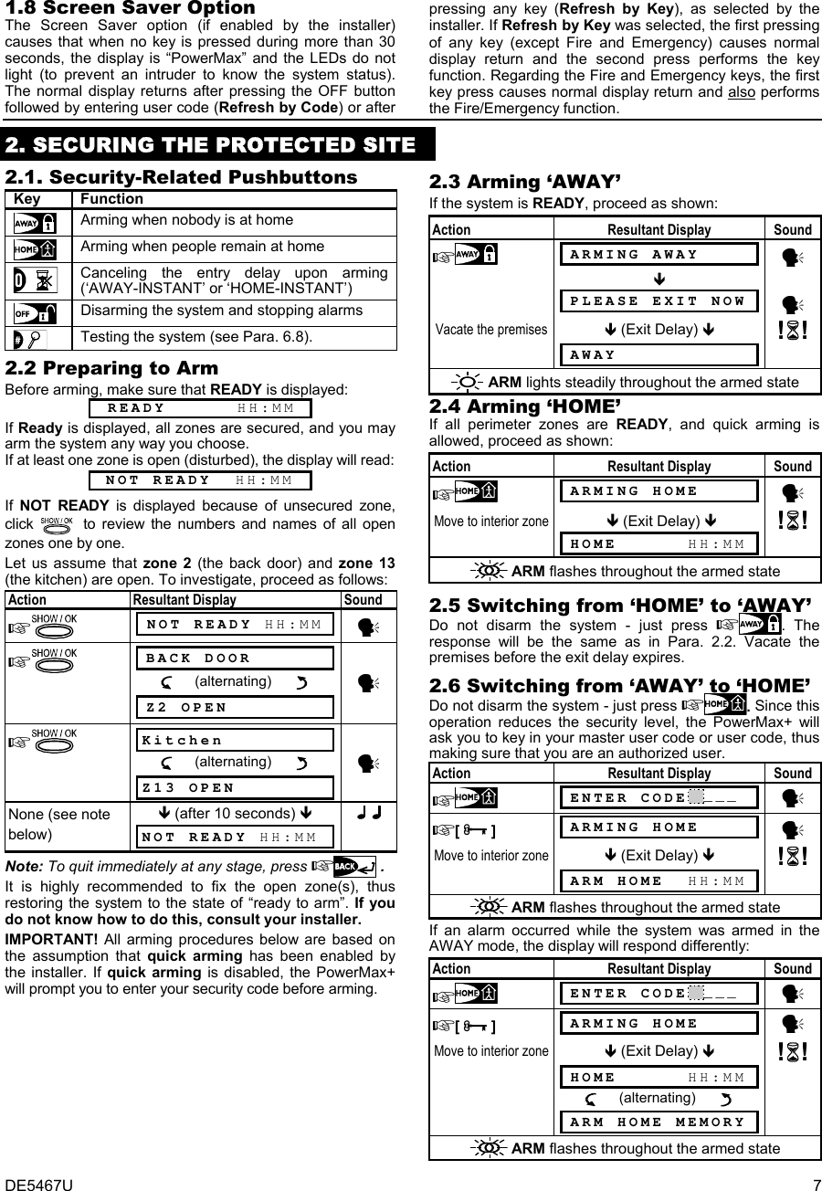 DE5467U  7  1.8 Screen Saver Option The Screen Saver option (if enabled by the installer) causes that when no key is pressed during more than 30 seconds, the display is “PowerMax” and the LEDs do not light (to prevent an intruder to know the system status). The normal display returns after pressing the OFF button followed by entering user code (Refresh by Code) or after pressing any key (Refresh by Key), as selected by the installer. If Refresh by Key was selected, the first pressing of any key (except Fire and Emergency) causes normal display return and the second press performs the key function. Regarding the Fire and Emergency keys, the first key press causes normal display return and also performs the Fire/Emergency function.  2. SECURING THE PROTECTED SITE 2.1. Security-Related Pushbuttons Key Function  Arming when nobody is at home  Arming when people remain at home  Canceling the entry delay upon arming (‘AWAY-INSTANT’ or ‘HOME-INSTANT’)  Disarming the system and stopping alarms  Testing the system (see Para. 6.8). 2.2 Preparing to Arm Before arming, make sure that READY is displayed:  READY      HH:MM If Ready is displayed, all zones are secured, and you may arm the system any way you choose.  If at least one zone is open (disturbed), the display will read:  NOT READY  HH:MM If  NOT READY is displayed because of unsecured zone, click   to review the numbers and names of all open zones one by one.  Let us assume that zone 2 (the back door) and zone 13 (the kitchen) are open. To investigate, proceed as follows:  Action Resultant Display  Sound  NOT READY HH:MM y   BACK DOOR            (alternating)        y   Z2 OPEN       Kitchen        (alternating)        y  Z13 OPEN  None (see note  (after 10 seconds)   below) NOT READY HH:MM  Note: To quit immediately at any stage, press  . It is highly recommended to fix the open zone(s), thus restoring the system to the state of “ready to arm”. If you do not know how to do this, consult your installer. IMPORTANT! All arming procedures below are based on the assumption that quick arming has been enabled by the installer. If quick arming is disabled, the PowerMax+ will prompt you to enter your security code before arming. 2.3 Arming ‘AWAY’ If the system is READY, proceed as shown: Action Resultant Display Sound   ARMING AWAY      y    PLEASE EXIT NOW y Vacate the premises   (Exit Delay)  !!   AWAY   ARM lights steadily throughout the armed state 2.4 Arming ‘HOME’ If all perimeter zones are READY, and quick arming is allowed, proceed as shown: Action Resultant Display Sound   ARMING HOME      y Move to interior zone   (Exit Delay)  !!   HOME      HH:MM   ARM flashes throughout the armed state 2.5 Switching from ‘HOME’ to ‘AWAY’  Do not disarm the system - just press . The response will be the same as in Para. 2.2. Vacate the premises before the exit delay expires. 2.6 Switching from ‘AWAY’ to ‘HOME’    Do not disarm the system - just press . Since this operation reduces the security level, the PowerMax+ will ask you to key in your master user code or user code, thus making sure that you are an authorized user. Action Resultant Display Sound   ENTER CODE ___ y [³]  ARMING HOME      y Move to interior zone  (Exit Delay)  !!   ARM HOME  HH:MM   ARM flashes throughout the armed state If an alarm occurred while the system was armed in the AWAY mode, the display will respond differently: Action Resultant Display Sound   ENTER CODE ___ y [³]  ARMING HOME      y Move to interior zone  (Exit Delay)  !!   HOME      HH:MM        (alternating)           ARM HOME MEMORY   ARM flashes throughout the armed state 