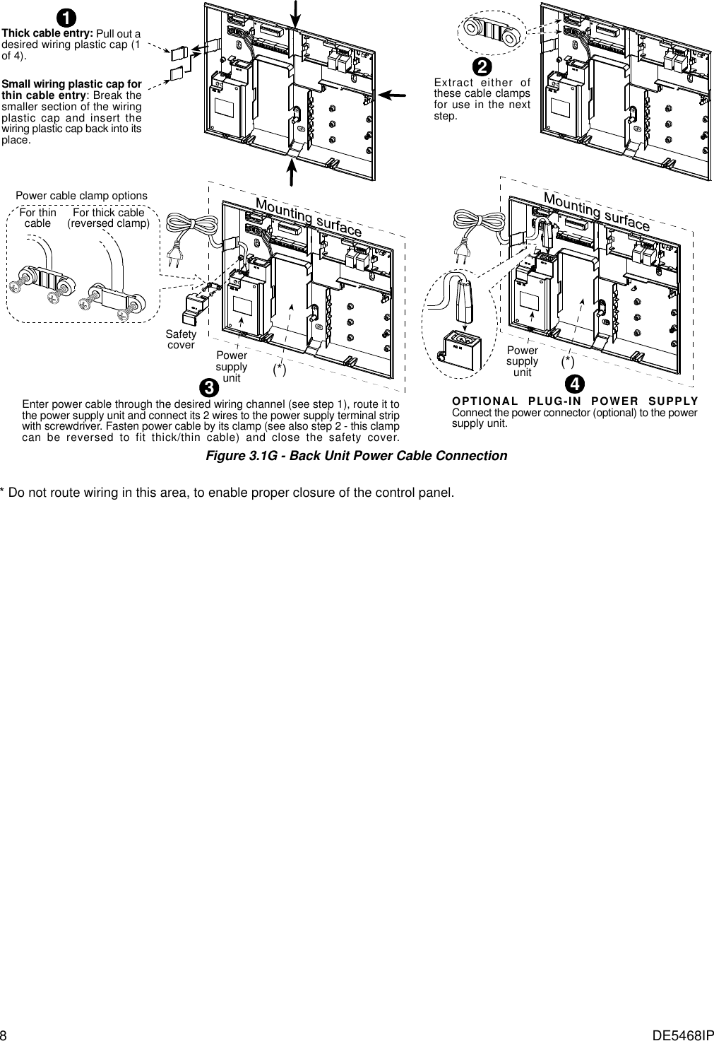 8  DE5468IP SafetycoverPower cable clamp options(*)PowersupplyunitFor thincable For thick cable(reversed clamp)Extract either ofthese cable clampsfor use in the nextstep.Thick cable entry: Pull out adesired wiring plastic cap (1of 4).Small wiring plastic cap forthin cable entry: Break thesmaller section of the wiringplastic cap and insert thewiring plastic cap back into itsplace.12Enter power cable through the desired wiring channel (see step 1), route it tothe power supply unit and connect its 2 wires to the power supply terminal stripwith screwdriver. Fasten power cable by its clamp (see also step 2 - this clampcan be reversed to fit thick/thin cable) and close the safety cover.OPTIONAL PLUG-IN POWER SUPPLYConnect the power connector (optional) to the powersupply unit.34(*)Powersupplyunit Figure 3.1G - Back Unit Power Cable Connection  * Do not route wiring in this area, to enable proper closure of the control panel. 