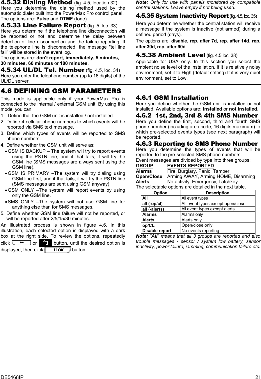 DE5468IP  21 4.5.32 Dialing Method (fig. 4.5, location 32) Here you determine the dialing method used by the automatic dialer built into the PowerMax Pro control panel.  The options are: Pulse and DTMF (tone). 4.5.33 Line Failure Report (fig. 5, loc. 33) Here you determine if the telephone line disconnection will be reported or not and determine the delay between detection of line disconnection and the failure reporting. If the telephone line is disconnected, the message &quot;tel line fail&quot; will be stored in the event log. The options are: don&apos;t report, immediately, 5 minutes, 30 minutes, 60 minutes or 180 minutes. 4.5.34 UL/DL Tel. Number (fig. 4.5, loc. 34) Here you enter the telephone number (up to 16 digits) of the UL/DL server. Note:  Only for use with panels monitored by compatible central stations. Leave empty if not being used. 4.5.35 System Inactivity Report (fig. 4.5, loc. 35) Here you determine whether the central station will receive a message if the system is inactive (not armed) during a defined period (days).  The options are: disable, rep. after 7d,  rep. after 14d, rep. after 30d, rep. after 90d. 4.5.38 Ambient Level (fig. 4.5 loc. 38) Applicable for USA only. In this section you select the ambient noise level of the installation. If it is relatively noisy environment, set it to High (default setting) If it is very quiet environment, set to Low.  4.6 DEFINING GSM PARAMETERS This mode is applicable only if your PowerMax Pro is connected to the internal / external GSM unit. By using this mode, you can: 1.  Define that the GSM unit is installed / not installed. 2. Define 4 cellular phone numbers to which events will be reported via SMS text message. 3. Define which types of events will be reported to SMS phone numbers. 4. Define whether the GSM unit will serve as: • GSM IS BACKUP – The system will try to report events using the PSTN line, and if that fails, it will try the GSM line (SMS messages are always sent using the GSM line). • GSM IS PRIMARY –The system will try dialing using GSM line first, and if that fails, it will try the PSTN line (SMS messages are sent using GSM anyway). • GSM ONLY –The system will report events by using only the GSM line. • SMS ONLY –The system will not use GSM line for anything else than for SMS messages. 5. Define whether GSM line failure will not be reported, or will be reported after 2/5/15/30 minutes. An illustrated process is shown in figure 4.6. In this illustration, each selected option is displayed with a dark box at the right side. To review the options, repeatedly click   or   button, until the desired option is displayed, then click   button. 4.6.1 GSM Installation Here you define whether the GSM unit is installed or not installed. Available options are: installed or not installed. 4.6.2  1st, 2nd, 3rd &amp; 4th SMS Number Here you define the first, second, third and fourth SMS phone number (including area code, 16 digits maximum) to which pre-selected events types (see next paragraph) will be reported.  4.6.3 Reporting to SMS Phone Number Here you determine the types of events that will be reported to the pre-selected SMS phone numbers. Event messages are divided by type into three groups: GROUP   EVENTS REPORTED Alarms  Fire, Burglary, Panic, Tamper Open/Close  Arming AWAY, Arming HOME, Disarming  Alerts  No-activity, Emergency, Latchkey The selectable options are detailed in the next table. Option Description All  All event types all (-op/cl)  All event types except open/close all (-alerts)  All event types except alerts Alarms  Alarms only Alerts  Alerts only op/CL  Open/close only Disable report  No events reporting Note: “All” means that all 3 groups are reported and also trouble messages - sensor / system low battery, sensor inactivity, power failure, jamming, communication failure etc.  