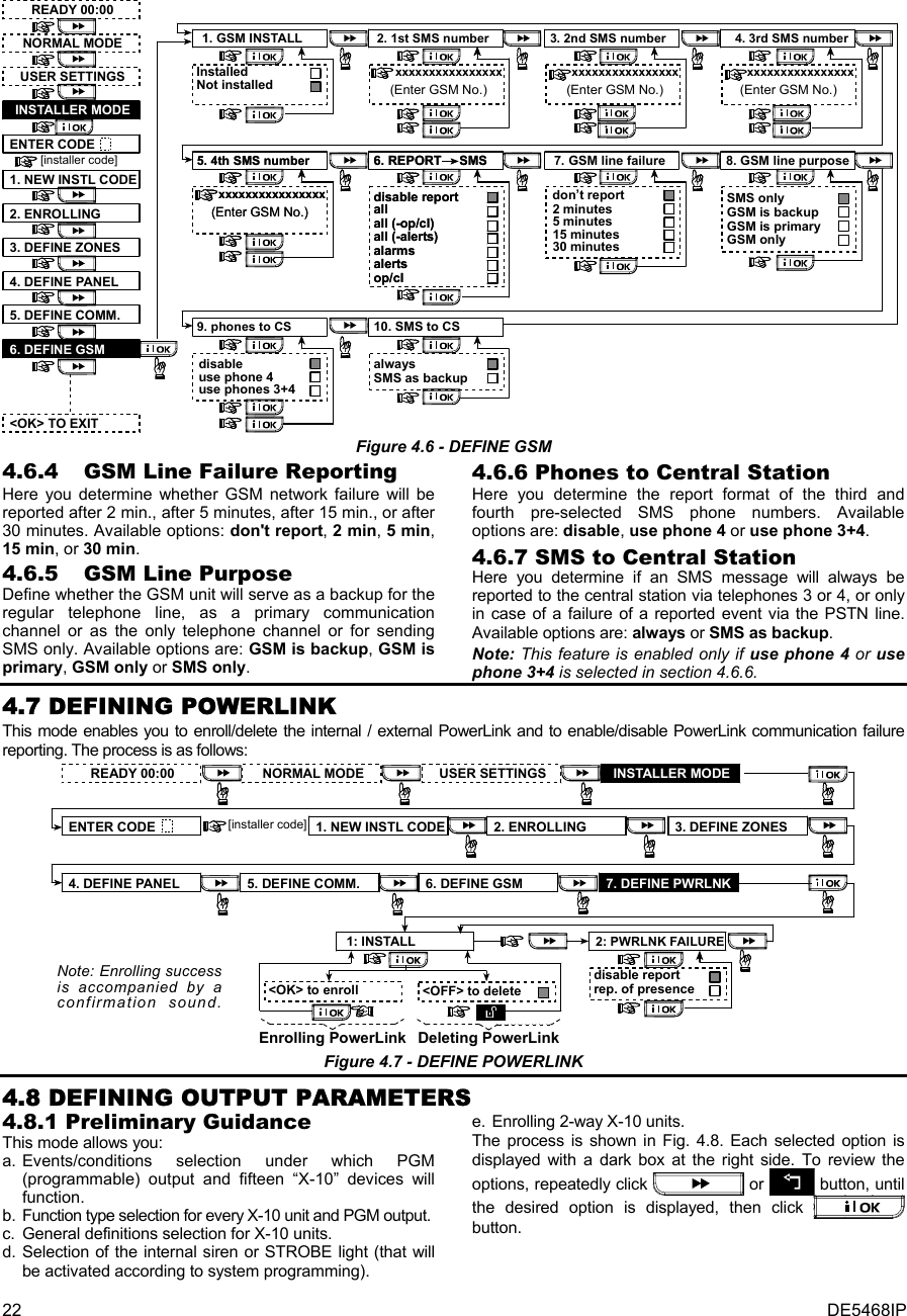 22  DE5468IP &lt;OK&gt; TO EXIT5. DEFINE COMM.4. DEFINE PANEL3. DEFINE ZONES2. ENROLLING1. NEW INSTL CODEENTER CODEINSTALLER MODEUSER SETTINGSNORMAL MODEREADY 00:00[installer code]6. DEFINE GSM5. 4th SMS number1. GSM INSTALL 2. 1st SMS number 3. 2nd SMS number 4. 3rd SMS number6. REPORT     SMS 7. GSM line failuredon’t report2 minutes8. GSM line purposeSMS onlyGSM is primaryGSM onlyallall (-op/cl)all (-alerts)alarmsalertsop/clInstalledNot installedxxxxxxxxxxxxxxxx(Enter GSM No.)xxxxxxxxxxxxxxxx(Enter GSM No.)xxxxxxxxxxxxxxxx(Enter GSM No.)xxxxxxxxxxxxxxxx(Enter GSM No.) 5 minutes15 minutes30 minutesdisable reportGSM is backup5. 4th SMS number 6. REPORT     SMSallall (-op/cl)all (-alerts)alarmsalertsop/clxxxxxxxxxxxxxxxx(Enter GSM No.)disable report9. phones to CS 10. SMS to CSSMS as backupalwaysdisableuse phone 4use phones 3+4 Figure 4.6 - DEFINE GSM 4.6.4   GSM Line Failure Reporting Here you determine whether GSM network failure will be reported after 2 min., after 5 minutes, after 15 min., or after 30 minutes. Available options: don&apos;t report, 2 min, 5 min, 15 min, or 30 min. 4.6.5   GSM Line Purpose Define whether the GSM unit will serve as a backup for the regular telephone line, as a primary communication channel or as the only telephone channel or for sending SMS only. Available options are: GSM is backup, GSM is primary, GSM only or SMS only. 4.6.6 Phones to Central Station  Here you determine the report format of the third and fourth pre-selected SMS phone numbers. Available options are: disable, use phone 4 or use phone 3+4. 4.6.7 SMS to Central Station  Here you determine if an SMS message will always be reported to the central station via telephones 3 or 4, or only in case of a failure of a reported event via the PSTN line. Available options are: always or SMS as backup. Note: This feature is enabled only if use phone 4 or use phone 3+4 is selected in section 4.6.6.  4.7 DEFINING POWERLINK This mode enables you to enroll/delete the internal / external PowerLink and to enable/disable PowerLink communication failure reporting. The process is as follows:INSTALLER MODEUSER SETTINGSNORMAL MODEREADY 00:003. DEFINE ZONES2. ENROLLINGENTER CODE [installer code] 1. NEW INSTL CODE5. DEFINE COMM.4. DEFINE PANEL 7. DEFINE PWRLNK6. DEFINE GSM2: PWRLNK FAILUREdisable reportrep. of presence&lt;OK&gt; to enroll &lt;OFF&gt; to delete1: INSTALLDeleting PowerLinkEnrolling PowerLinkNote: Enrolling successis accompanied by aconfirmation sound. Figure 4.7 - DEFINE POWERLINK  4.8 DEFINING OUTPUT PARAMETERS 4.8.1 Preliminary Guidance This mode allows you: a. Events/conditions selection under which PGM (programmable) output and fifteen “X-10” devices will function.  b.  Function type selection for every X-10 unit and PGM output. c.  General definitions selection for X-10 units. d. Selection of the internal siren or STROBE light (that will be activated according to system programming). e. Enrolling 2-way X-10 units. The process is shown in Fig. 4.8. Each selected option is displayed with a dark box at the right side. To review the options, repeatedly click   or   button, until the desired option is displayed, then click   button.  
