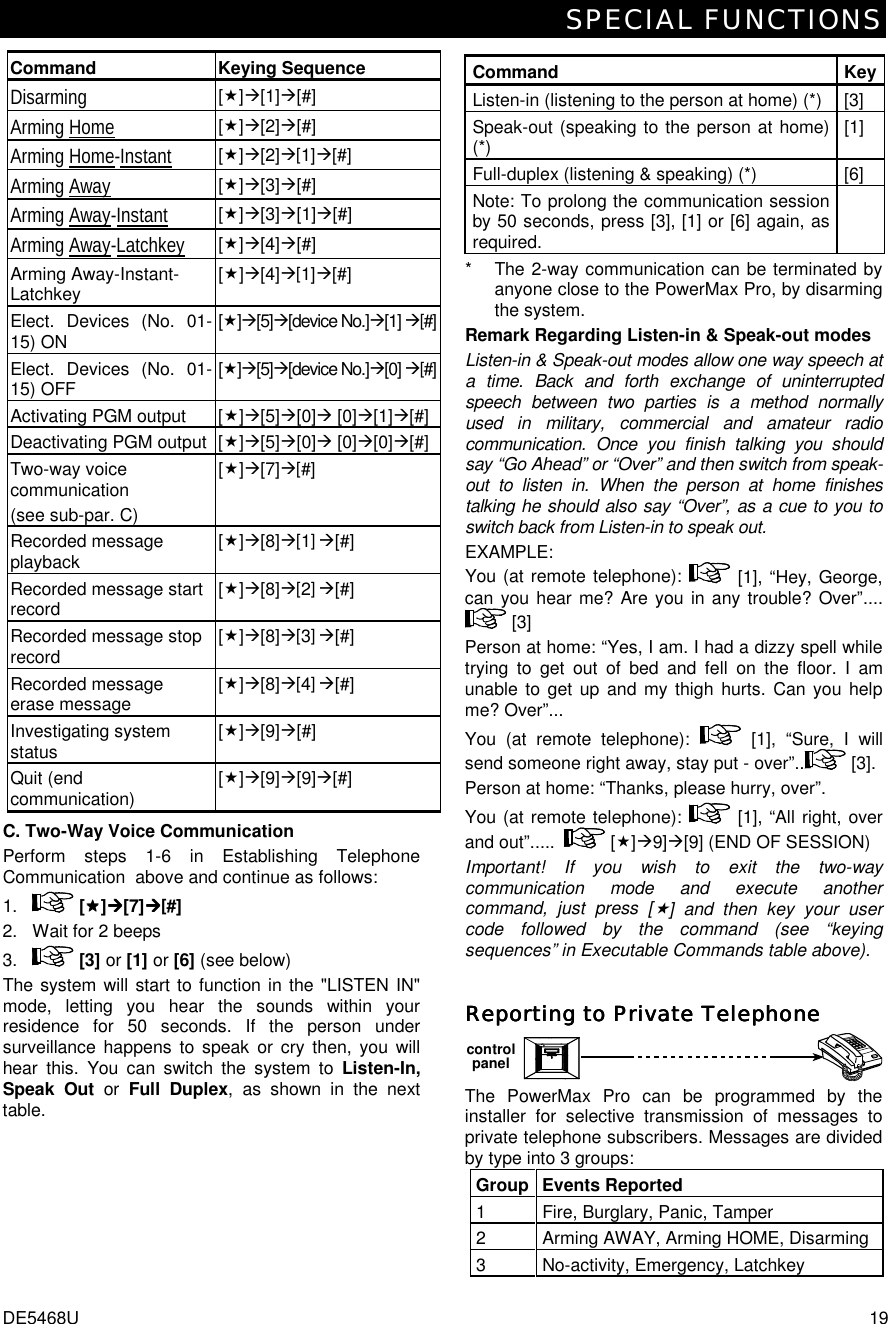 SPECIAL FUNCTIONS DE5468U  19 Command Keying Sequence Disarming  [$]%[1]%[#] Arming Home [$]%[2]%[#] Arming Home-Instant [$]%[2]%[1]%[#] Arming Away [$]%[3]%[#] Arming Away-Instant [$]%[3]%[1]%[#] Arming Away-Latchkey [$]%[4]%[#] Arming Away-Instant-Latchkey  [$]%[4]%[1]%[#] Elect. Devices (No. 01-15) ON   [$]%[5]%[device No.]%[1] %[#]Elect. Devices (No. 01-15) OFF  [$]%[5]%[device No.]%[0] %[#]Activating PGM output  [$]%[5]%[0]% [0]%[1]%[#] Deactivating PGM output  [$]%[5]%[0]% [0]%[0]%[#] Two-way voice communication (see sub-par. C) [$]%[7]%[#] Recorded message playback   [$]%[8]%[1] %[#] Recorded message start record  [$]%[8]%[2] %[#] Recorded message stop record  [$]%[8]%[3] %[#] Recorded message erase message  [$]%[8]%[4] %[#] Investigating system status  [$]%[9]%[#]  Quit (end communication)  [$]%[9]%[9]%[#] C. Two-Way Voice Communication Perform steps 1-6 in Establishing Telephone Communication  above and continue as follows: 1.  [$$$$]%%%%[7]%%%%[#] 2.  Wait for 2 beeps 3.  [3] or [1] or [6] (see below) The system will start to function in the &quot;LISTEN IN&quot; mode, letting you hear the sounds within your residence for 50 seconds. If the person under surveillance happens to speak or cry then, you will hear this. You can switch the system to Listen-In, Speak Out or Full Duplex, as shown in the next table.  Command KeyListen-in (listening to the person at home) (*)  [3] Speak-out (speaking to the person at home) (*)  [1] Full-duplex (listening &amp; speaking) (*)    [6] Note: To prolong the communication session by 50 seconds, press [3], [1] or [6] again, as required.  *  The 2-way communication can be terminated by anyone close to the PowerMax Pro, by disarming the system. Remark Regarding Listen-in &amp; Speak-out modes Listen-in &amp; Speak-out modes allow one way speech at a time. Back and forth exchange of uninterrupted speech between two parties is a method normally used in military, commercial and amateur radio communication. Once you finish talking you should say “Go Ahead” or “Over” and then switch from speak-out to listen in. When the person at home finishes talking he should also say “Over”, as a cue to you to switch back from Listen-in to speak out. EXAMPLE: You (at remote telephone):   [1], “Hey, George, can you hear me? Are you in any trouble? Over”....  [3] Person at home: “Yes, I am. I had a dizzy spell while trying to get out of bed and fell on the floor. I am unable to get up and my thigh hurts. Can you help me? Over”... You (at remote telephone):   [1], “Sure, I will send someone right away, stay put - over”..  [3]. Person at home: “Thanks, please hurry, over”. You (at remote telephone):   [1], “All right, over and out”.....  [$]%9]%[9] (END OF SESSION) Important! If you wish to exit the two-way communication mode and execute another command, just press [$] and then key your user code followed by the command (see “keying sequences” in Executable Commands table above). Reporting to Private TelephoneReporting to Private TelephoneReporting to Private TelephoneReporting to Private Telephone    controlpanel The PowerMax Pro can be programmed by the installer for selective transmission of messages to private telephone subscribers. Messages are divided by type into 3 groups: Group Events Reported 1  Fire, Burglary, Panic, Tamper 2  Arming AWAY, Arming HOME, Disarming 3  No-activity, Emergency, Latchkey 