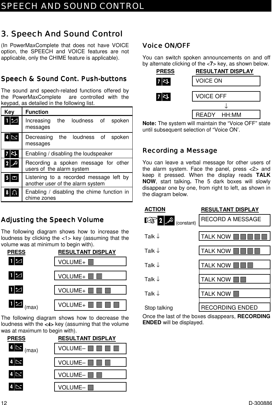 SPEECH AND SOUND CONTROL 12  D-300886 3. Speech And Sound Control 3. Speech And Sound Control 3. Speech And Sound Control 3. Speech And Sound Control     (In PowerMaxComplete that does not have VOICE option, the SPEECH and VOICE features are not applicable, only the CHIME feature is applicable). Speech &amp; Sound Cont. PushSpeech &amp; Sound Cont. PushSpeech &amp; Sound Cont. PushSpeech &amp; Sound Cont. Push----buttonsbuttonsbuttonsbuttons    The sound and speech-related functions offered by the PowerMaxComplete  are controlled with the keypad, as detailed in the following list. Key Function   Increasing the loudness of spoken messages    Decreasing the loudness of spoken messages   Enabling / disabling the loudspeaker  Recording a spoken message for other users of  the alarm system  Listening to a recorded message left by another user of the alarm system  Enabling / disabling the chime function in chime zones Adjusting the Speech VolumeAdjusting the Speech VolumeAdjusting the Speech VolumeAdjusting the Speech Volume    The following diagram shows how to increase the loudness by clicking the &lt;1&gt; key (assuming that the volume was at minimum to begin with). PRESS RESULTANT DISPLAY   VOLUME+      VOLUME+         VOLUME+          (max) VOLUME+           The following diagram shows how to decrease the loudness with the &lt;4&gt; key (assuming that the volume was at maximum to begin with). PRESS RESULTANT DISPLAY   (max) VOLUME–               VOLUME–            VOLUME–           VOLUME–     Voice ON/OFFVoice ON/OFFVoice ON/OFFVoice ON/OFF    You can switch spoken announcements on and off by alternate clicking of the &lt;7&gt; key, as shown below. PRESS RESULTANT DISPLAY  VOICE ON  VOICE OFF  ↓  READY    HH:MM Note: The system will maintain the “Voice OFF” state until subsequent selection of “Voice ON’. Recording a MessageRecording a MessageRecording a MessageRecording a Message    You can leave a verbal message for other users of the alarm system. Face the panel, press &lt;2&gt; and keep it pressed. When the display reads TALK NOW, start talking. The 5 dark boxes will slowly disappear one by one, from right to left, as shown in the diagram below.  ACTION RESULTANT DISPLAY  (constant) RECORD A MESSAGE Talk ↓ TALK NOW           Talk ↓ TALK NOW        Talk ↓ TALK NOW      Talk ↓ TALK NOW      Talk ↓ TALK NOW    Stop talking RECORDING ENDED Once the last of the boxes disappears, RECORDING ENDED will be displayed.  