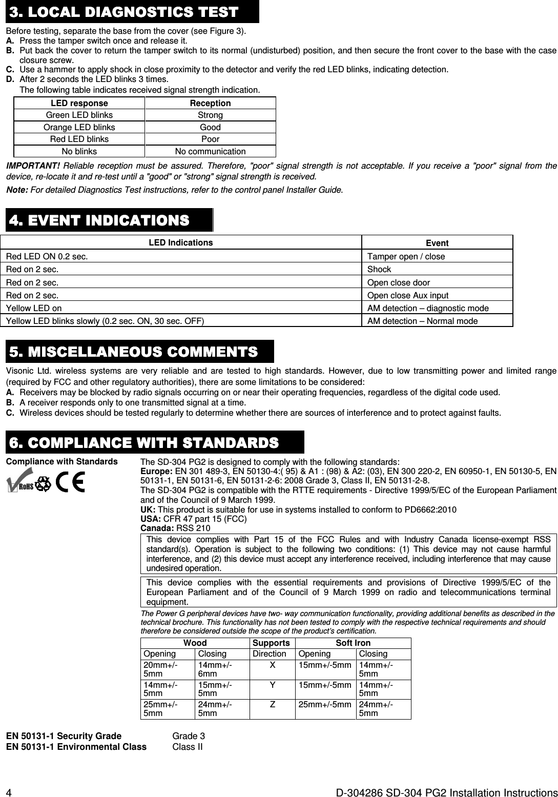 4  D-304286 SD-304 PG2 Installation Instructions 3333. . . . LOCAL DIAGNOSTICS TESTLOCAL DIAGNOSTICS TESTLOCAL DIAGNOSTICS TESTLOCAL DIAGNOSTICS TEST    Before testing, separate the base from the cover (see Figure 3). A.  Press the tamper switch once and release it.  B.  Put back the cover to return the tamper switch to its normal (undisturbed) position, and then secure the front cover to the base with the case closure screw. C.  Use a hammer to apply shock in close proximity to the detector and verify the red LED blinks, indicating detection. D.  After 2 seconds the LED blinks 3 times.  The following table indicates received signal strength indication. LED response Reception  Green LED blinks Strong  Orange LED blinks Good  Red LED blinks Poor  No blinks No communication IMPORTANT! Reliable reception must  be  assured.  Therefore,  &quot;poor&quot;  signal strength  is not  acceptable.  If  you  receive  a  &quot;poor&quot; signal from  the device, re-locate it and re-test until a &quot;good&quot; or &quot;strong&quot; signal strength is received. Note: For detailed Diagnostics Test instructions, refer to the control panel Installer Guide. 4. E4. E4. E4. EVENT INDICATIONSVENT INDICATIONSVENT INDICATIONSVENT INDICATIONS    LED Indications  Event Red LED ON 0.2 sec.  Tamper open / close Red on 2 sec.  Shock  Red on 2 sec.  Open close door  Red on 2 sec.  Open close Aux input  Yellow LED on   AM detection – diagnostic mode Yellow LED blinks slowly (0.2 sec. ON, 30 sec. OFF)  AM detection – Normal mode 5555. . . . MISCELLANEOUS COMMENTSMISCELLANEOUS COMMENTSMISCELLANEOUS COMMENTSMISCELLANEOUS COMMENTS    Visonic  Ltd.  wireless  systems  are  very  reliable  and  are  tested  to  high  standards.  However,  due  to  low  transmitting  power  and  limited  range (required by FCC and other regulatory authorities), there are some limitations to be considered: A.  Receivers may be blocked by radio signals occurring on or near their operating frequencies, regardless of the digital code used. B.  A receiver responds only to one transmitted signal at a time. C.  Wireless devices should be tested regularly to determine whether there are sources of interference and to protect against faults. 6666. . . . COMPLIANCE WITH STANDARDSCOMPLIANCE WITH STANDARDSCOMPLIANCE WITH STANDARDSCOMPLIANCE WITH STANDARDS    Compliance with Standards The SD-304 PG2 is designed to comply with the following standards:       Europe: EN 301 489-3, EN 50130-4:( 95) &amp; A1 : (98) &amp; A2: (03), EN 300 220-2, EN 60950-1, EN 50130-5, EN 50131-1, EN 50131-6, EN 50131-2-6: 2008 Grade 3, Class II, EN 50131-2-8. The SD-304 PG2 is compatible with the RTTE requirements - Directive 1999/5/EC of the European Parliament and of the Council of 9 March 1999. UK: This product is suitable for use in systems installed to conform to PD6662:2010  USA: CFR 47 part 15 (FCC) Canada: RSS 210 This  device  complies  with  Part  15  of  the  FCC  Rules  and  with  Industry  Canada  license-exempt  RSS standard(s).  Operation  is  subject  to  the  following  two  conditions:  (1)  This  device  may  not  cause  harmful interference, and (2) this device must accept any interference received, including interference that may cause undesired operation. This  device  complies  with  the  essential  requirements  and  provisions  of  Directive  1999/5/EC  of  the European  Parliament  and  of  the  Council  of  9  March  1999  on  radio  and  telecommunications  terminal equipment. The Power G peripheral devices have two- way communication functionality, providing additional benefits as described in the technical brochure. This functionality has not been tested to comply with the respective technical requirements and should therefore be considered outside the scope of the product’s certification. Wood Supports Soft Iron Opening  Closing  Direction  Opening  Closing 20mm+/-5mm 14mm+/-6mm X  15mm+/-5mm 14mm+/-5mm 14mm+/-5mm 15mm+/-5mm Y  15mm+/-5mm 14mm+/-5mm 25mm+/-5mm 24mm+/-5mm Z  25mm+/-5mm 24mm+/-5mm   EN 50131-1 Security Grade  Grade 3 EN 50131-1 Environmental Class  Class II 