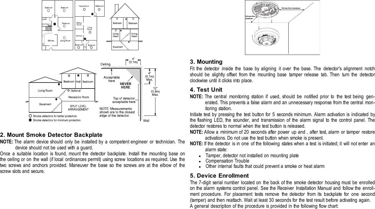 2. Mount Smoke Detector BackplateNOTE: The alarm device should only be installed by a competent engineer or technician. Thedevice should not be used with a guard.Once a suitable location is found, mount the detector backplate. Install the mounting base onthe ceiling or on the wall (if local ordinances permit) using screw locations as required. Use thetwo screws and anchors provided. Maneuver the base so the screws are at the elbow of thescrew slots and secure.100 mm (4 in.) minimum100 mm (4 in.) minimum3. MountingFit the detector inside the base by aligning it over the base. The detector&apos;s alignment notchshould be slightly offset from the mounting base tamper release tab. Then turn the detectorclockwise until it clicks into place.4. Test UnitNOTE: The central monitoring station if used, should be notified prior to the test being gen-erated. This prevents a false alarm and an unnecessary response from the central mon-itoring station.Initiate test by pressing the test button for 5 seconds minimum. Alarm activation is indicated bythe flashing LED, the sounder, and transmission of the alarm signal to the control panel. Thedetector restores to normal when the test button is released.NOTE: Allow a minimum of 20 seconds after power up and , after test, alarm or tamper restoreactivations. Do not use the test button when smoke is present.NOTE: If the detector is in one of the following states when a test is initiated; it will not enter analarm state:lTamper, detector not installed on mounting platelCompensation TroublelOther internal faults that could prevent a smoke or heat alarm5. Device EnrollmentThe 7-digit serial number located on the back of the smoke detector housing must be enrolledon the alarm systems control panel. See the Receiver Installation Manual and follow the enroll-ment procedure. For placement tests remove the detector from its backplate for one second(tamper) and then reattach. Wait at least 30 seconds for the test result before activating again.A general description of the procedure is provided in the following flow chart: