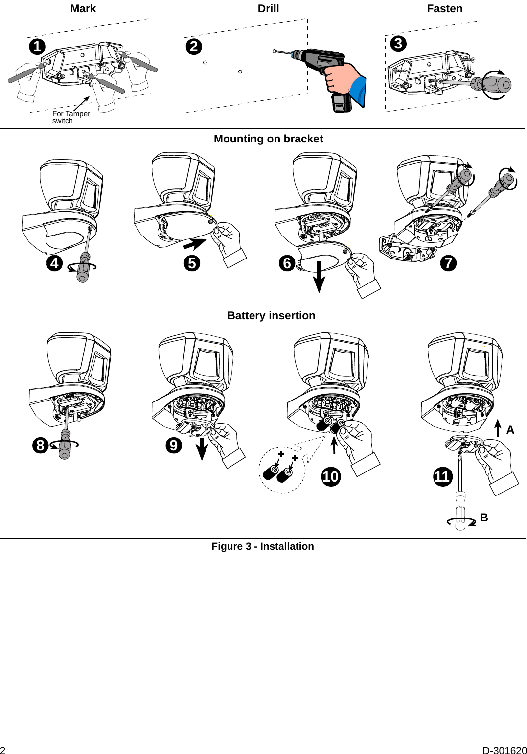 2  D-301620  326DrillMounting on bracket4 5Mark Fasten1For Tamperswitch798Battery insertion10 11BA Figure 3 - Installation 