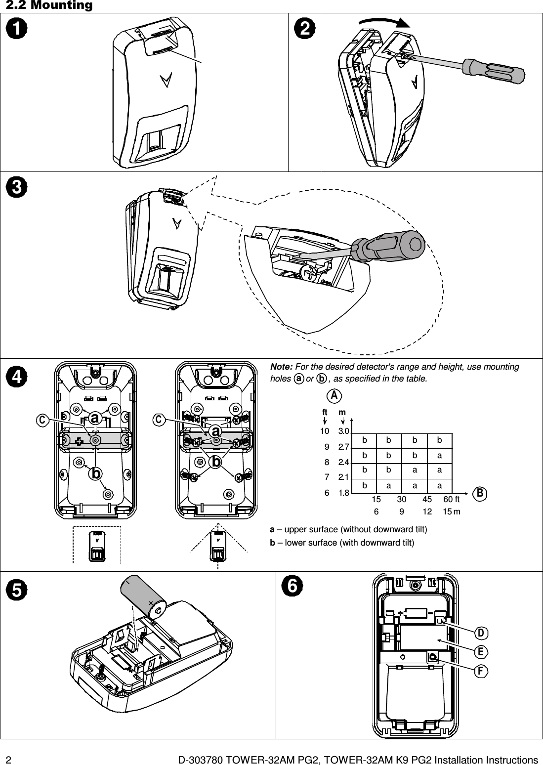 2  D-303780 TOWER-32AM PG2, TOWER-32AM K9 PG2 Installation Instructions 2.2 Mounting 1 2  3 4abC abC Note: For the desired detector&apos;s range and height, use mounting holes aor b, as specified in the table. 6    1.87    2.18    2.49    2.710    3.0ft     mbabbaabbaaabbbbb156309451260 ft15 mAB a – upper surface (without downward tilt) b – lower surface (with downward tilt) 5 6 DEF 