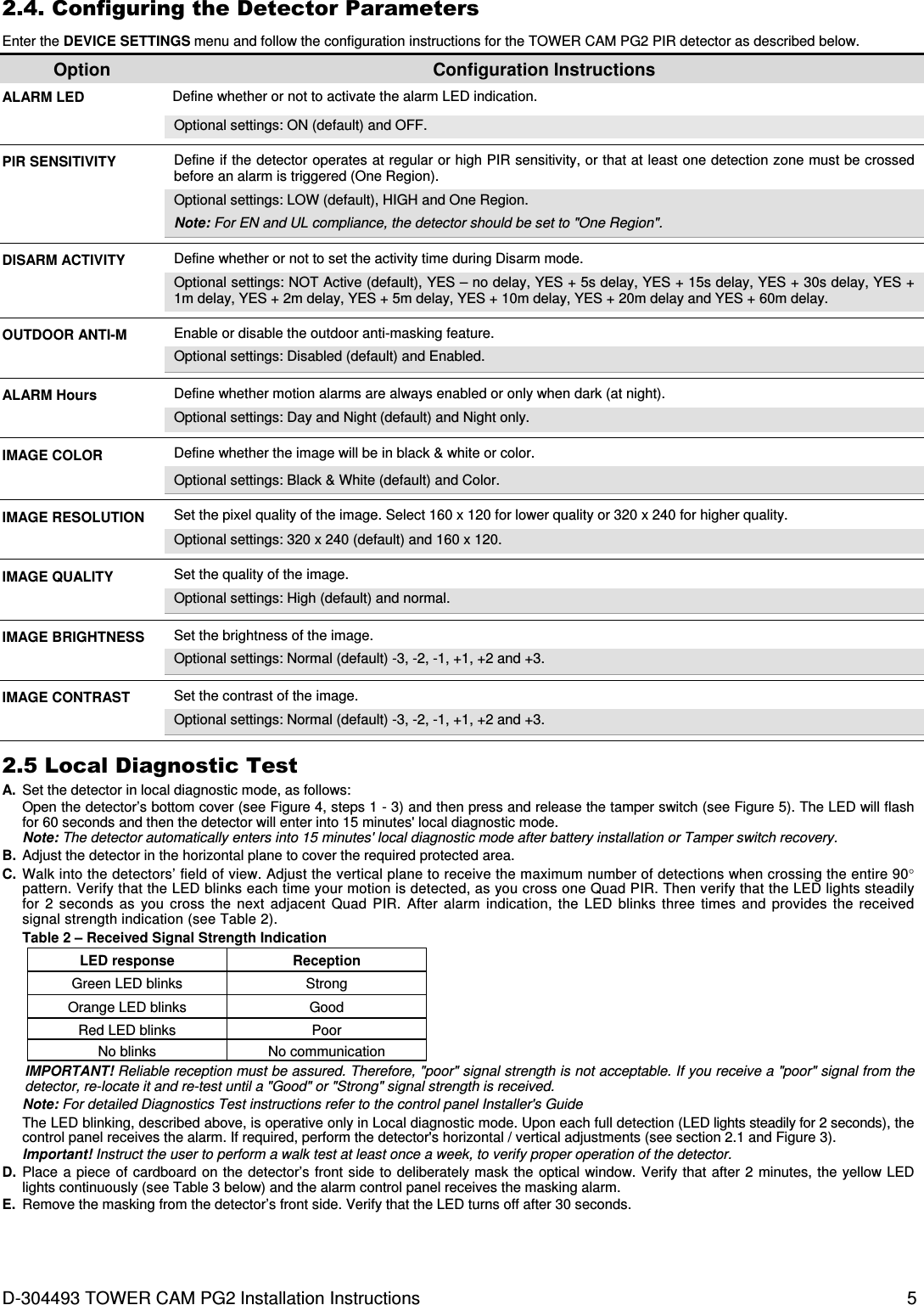  D-304493 TOWER CAM PG2 Installation Instructions  5 2.4. Configuring the Detector Parameters Enter the DEVICE SETTINGS menu and follow the configuration instructions for the TOWER CAM PG2 PIR detector as described below. Option  Configuration Instructions ALARM LED  Define whether or not to activate the alarm LED indication. Optional settings: ON (default) and OFF.     PIR SENSITIVITY  Define if the detector operates at regular or high PIR sensitivity, or that at least one detection zone must be crossed before an alarm is triggered (One Region). Optional settings: LOW (default), HIGH and One Region. Note: For EN and UL compliance, the detector should be set to &quot;One Region&quot;.     DISARM ACTIVITY Define whether or not to set the activity time during Disarm mode.  Optional settings: NOT Active (default), YES – no delay, YES + 5s delay, YES + 15s delay, YES + 30s delay, YES + 1m delay, YES + 2m delay, YES + 5m delay, YES + 10m delay, YES + 20m delay and YES + 60m delay.     OUTDOOR ANTI-M  Enable or disable the outdoor anti-masking feature. Optional settings: Disabled (default) and Enabled.     ALARM Hours Define whether motion alarms are always enabled or only when dark (at night).  Optional settings: Day and Night (default) and Night only.     IMAGE COLOR  Define whether the image will be in black &amp; white or color. Optional settings: Black &amp; White (default) and Color.     IMAGE RESOLUTION Set the pixel quality of the image. Select 160 x 120 for lower quality or 320 x 240 for higher quality.  Optional settings: 320 x 240 (default) and 160 x 120.     IMAGE QUALITY  Set the quality of the image. Optional settings: High (default) and normal.     IMAGE BRIGHTNESS  Set the brightness of the image. Optional settings: Normal (default) -3, -2, -1, +1, +2 and +3.     IMAGE CONTRAST  Set the contrast of the image. Optional settings: Normal (default) -3, -2, -1, +1, +2 and +3.     2.5 Local Diagnostic Test A.  Set the detector in local diagnostic mode, as follows: Open the detector’s bottom cover (see Figure 4, steps 1 - 3) and then press and release the tamper switch (see Figure 5). The LED will flash for 60 seconds and then the detector will enter into 15 minutes&apos; local diagnostic mode. Note: The detector automatically enters into 15 minutes&apos; local diagnostic mode after battery installation or Tamper switch recovery. B.  Adjust the detector in the horizontal plane to cover the required protected area. C.  Walk into the detectors’ field of view. Adjust the vertical plane to receive the maximum number of detections when crossing the entire 90° pattern. Verify that the LED blinks each time your motion is detected, as you cross one Quad PIR. Then verify that the LED lights steadily for  2  seconds  as  you  cross  the  next  adjacent  Quad  PIR.  After  alarm  indication,  the  LED  blinks  three  times  and  provides  the  received signal strength indication (see Table 2). Table 2 – Received Signal Strength Indication LED response Reception  Green LED blinks Strong  Orange LED blinks Good  Red LED blinks Poor  No blinks No communication IMPORTANT! Reliable reception must be assured. Therefore, &quot;poor&quot; signal strength is not acceptable. If you receive a &quot;poor&quot; signal from the detector, re-locate it and re-test until a &quot;Good&quot; or &quot;Strong&quot; signal strength is received. Note: For detailed Diagnostics Test instructions refer to the control panel Installer&apos;s Guide The LED blinking, described above, is operative only in Local diagnostic mode. Upon each full detection (LED lights steadily for 2 seconds), the control panel receives the alarm. If required, perform the detector&apos;s horizontal / vertical adjustments (see section 2.1 and Figure 3). Important! Instruct the user to perform a walk test at least once a week, to verify proper operation of the detector. D.  Place  a piece  of cardboard on the detector’s front side to deliberately mask the optical window. Verify that after 2 minutes, the yellow LED lights continuously (see Table 3 below) and the alarm control panel receives the masking alarm. E.  Remove the masking from the detector’s front side. Verify that the LED turns off after 30 seconds. 
