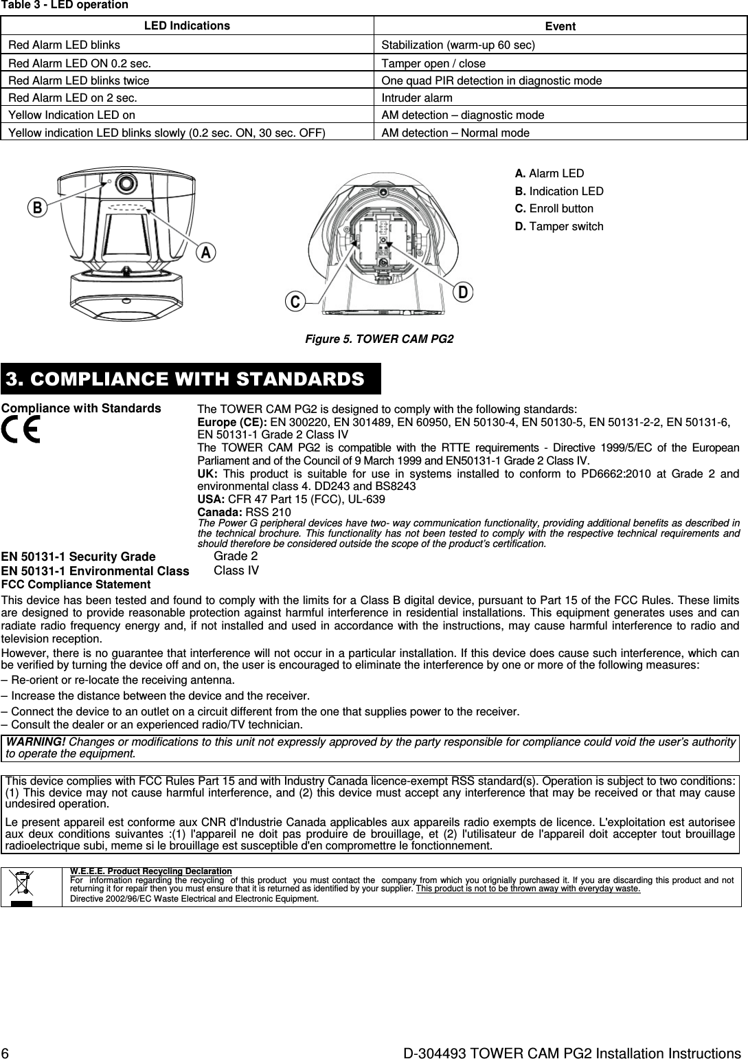 6  D-304493 TOWER CAM PG2 Installation Instructions Table 3 - LED operation LED Indications  Event Red Alarm LED blinks  Stabilization (warm-up 60 sec) Red Alarm LED ON 0.2 sec.  Tamper open / close Red Alarm LED blinks twice  One quad PIR detection in diagnostic mode Red Alarm LED on 2 sec.  Intruder alarm Yellow Indication LED on   AM detection – diagnostic mode Yellow indication LED blinks slowly (0.2 sec. ON, 30 sec. OFF)  AM detection – Normal mode    A. Alarm LED B. Indication LED  C. Enroll button D. Tamper switch  Figure 5. TOWER CAM PG2 3. COMPLIANCE WITH STANDARDS Compliance with Standards The TOWER CAM PG2 is designed to comply with the following standards: Europe (CE): EN 300220, EN 301489, EN 60950, EN 50130-4, EN 50130-5, EN 50131-2-2, EN 50131-6, EN 50131-1 Grade 2 Class IV The  TOWER  CAM  PG2  is  compatible  with  the  RTTE  requirements  -  Directive  1999/5/EC  of  the  European Parliament and of the Council of 9 March 1999 and EN50131-1 Grade 2 Class IV. UK:  This  product  is  suitable  for  use  in  systems  installed  to  conform  to  PD6662:2010  at  Grade  2  and environmental class 4. DD243 and BS8243 USA: CFR 47 Part 15 (FCC), UL-639 Canada: RSS 210 The Power G peripheral devices have two- way communication functionality, providing additional benefits as described in the technical brochure.  This functionality  has not  been tested  to comply with  the respective technical  requirements and should therefore be considered outside the scope of the product’s certification.   EN 50131-1 Security Grade  Grade 2 EN 50131-1 Environmental Class  Class IV FCC Compliance Statement This device has been tested and found to comply with the limits for a Class B digital device, pursuant to Part 15 of the FCC Rules. These limits are designed to provide reasonable protection against harmful interference in residential  installations. This equipment generates uses and can radiate radio  frequency energy and, if not installed  and  used  in accordance  with  the  instructions, may cause  harmful interference to radio and television reception. However, there is no guarantee that interference will not occur in a particular installation. If this device does cause such interference, which can be verified by turning the device off and on, the user is encouraged to eliminate the interference by one or more of the following measures: – Re-orient or re-locate the receiving antenna. – Increase the distance between the device and the receiver. – Connect the device to an outlet on a circuit different from the one that supplies power to the receiver. – Consult the dealer or an experienced radio/TV technician. WARNING! Changes or modifications to this unit not expressly approved by the party responsible for compliance could void the user’s authority to operate the equipment.     This device complies with FCC Rules Part 15 and with Industry Canada licence-exempt RSS standard(s). Operation is subject to two conditions: (1) This device may not cause harmful interference, and (2) this device must accept any interference that may be received or that may cause undesired operation.  Le present appareil est conforme aux CNR d&apos;Industrie Canada applicables aux appareils radio exempts de licence. L&apos;exploitation est autorisee aux  deux  conditions  suivantes  :(1)  l&apos;appareil  ne  doit  pas  produire  de  brouillage,  et  (2)  l&apos;utilisateur  de  l&apos;appareil  doit  accepter  tout  brouillage radioelectrique subi, meme si le brouillage est susceptible d&apos;en compromettre le fonctionnement.        W.E.E.E. Product Recycling Declaration For  information regarding the  recycling   of  this product    you  must contact  the  company from which you  orignially purchased  it.  If you are discarding this product and not returning it for repair then you must ensure that it is returned as identified by your supplier. This product is not to be thrown away with everyday waste. Directive 2002/96/EC Waste Electrical and Electronic Equipment. 