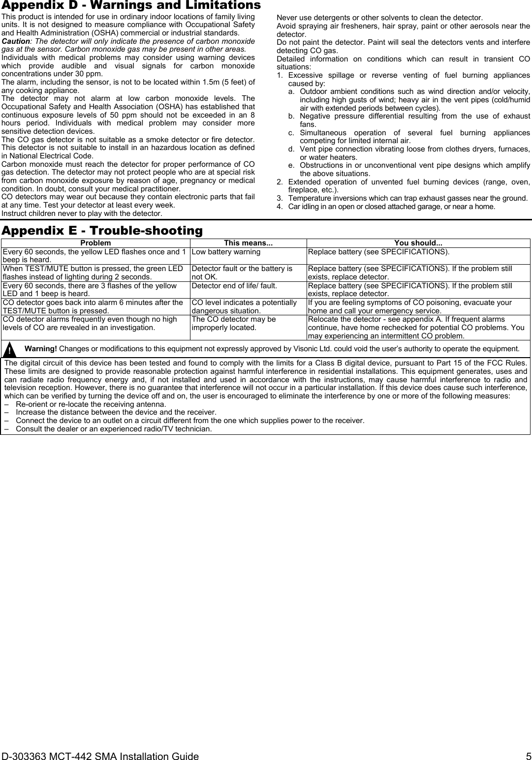 D-303363 MCT-442 SMA Installation Guide  5 Appendix D - Warnings and Limitations This product is intended for use in ordinary indoor locations of family living units. It is not designed to measure compliance with Occupational Safety and Health Administration (OSHA) commercial or industrial standards. Caution: The detector will only indicate the presence of carbon monoxide gas at the sensor. Carbon monoxide gas may be present in other areas. Individuals with medical problems may consider using warning devices which provide audible and visual signals for carbon monoxide concentrations under 30 ppm. The alarm, including the sensor, is not to be located within 1.5m (5 feet) of any cooking appliance. The detector may not alarm at low carbon monoxide levels. The Occupational Safety and Health Association (OSHA) has established that continuous exposure levels of 50 ppm should not be exceeded in an 8 hours period. Individuals with medical problem may consider more sensitive detection devices. The CO gas detector is not suitable as a smoke detector or fire detector. This detector is not suitable to install in an hazardous location as defined in National Electrical Code. Carbon monoxide must reach the detector for proper performance of CO gas detection. The detector may not protect people who are at special risk from carbon monoxide exposure by reason of age, pregnancy or medical condition. In doubt, consult your medical practitioner.  CO detectors may wear out because they contain electronic parts that fail at any time. Test your detector at least every week. Instruct children never to play with the detector. Never use detergents or other solvents to clean the detector. Avoid spraying air fresheners, hair spray, paint or other aerosols near the detector. Do not paint the detector. Paint will seal the detectors vents and interfere detecting CO gas. Detailed information on conditions which can result in transient CO situations: 1. Excessive spillage or reverse venting of fuel burning appliances caused by: a.  Outdoor ambient conditions such as wind direction and/or velocity, including high gusts of wind; heavy air in the vent pipes (cold/humid air with extended periods between cycles). b. Negative pressure differential resulting from the use of exhaust fans. c. Simultaneous operation of several fuel burning appliances competing for limited internal air. d.  Vent pipe connection vibrating loose from clothes dryers, furnaces, or water heaters. e.  Obstructions in or unconventional vent pipe designs which amplify the above situations. 2.  Extended operation of unvented fuel burning devices (range, oven, fireplace, etc.). 3.  Temperature inversions which can trap exhaust gasses near the ground. 4.  Car idling in an open or closed attached garage, or near a home. Appendix E - Trouble-shooting Problem This means...You should... Every 60 seconds, the yellow LED flashes once and 1 beep is heard.  Low battery warning Replace battery (see SPECIFICATIONS). When TEST/MUTE button is pressed, the green LED flashes instead of lighting during 2 seconds.  Detector fault orthe battery isnot OK. Replace battery (see SPECIFICATIONS). If the problem still exists, replace detector.Every 60 seconds, there are 3 flashes of the yellow LED and 1 beep is heard.  Detector end of life/ fault. Replace battery (see SPECIFICATIONS). If the problem still exists, replace detector.CO detector goes back into alarm 6 minutes after the TEST/MUTE button is pressed.  CO level indicates a potentially dangerous situation. If you are feeling symptoms of CO poisoning, evacuate your home and call your emergency service. CO detector alarms frequently even though no high levels of CO are revealed in an investigation.  The CO detector may be improperly located.  Relocate the detector - see appendix A. If frequent alarms continue, have home rechecked for potential CO problems. You may experiencing an intermittent CO problem. !   Warning! Changes or modifications to this equipment not expressly approved by Visonic Ltd. could void the user’s authority to operate the equipment. The digital circuit of this device has been tested and found to comply with the limits for a Class B digital device, pursuant to Part 15 of the FCC Rules. These limits are designed to provide reasonable protection against harmful interference in residential installations. This equipment generates, uses and can radiate radio frequency energy and, if not installed and used in accordance with the instructions, may cause harmful interference to radio and television reception. However, there is no guarantee that interference will not occur in a particular installation. If this device does cause such interference, which can be verified by turning the device off and on, the user is encouraged to eliminate the interference by one or more of the following measures: –  Re-orient or re-locate the receiving antenna. –  Increase the distance between the device and the receiver. –  Connect the device to an outlet on a circuit different from the one which supplies power to the receiver. –  Consult the dealer or an experienced radio/TV technician.   