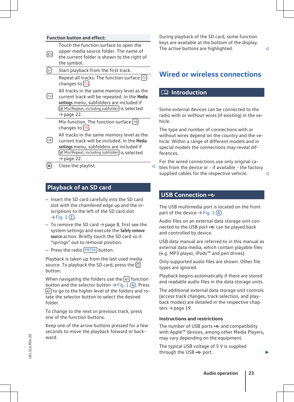 Function button and effect:Touch the function surface to open theupper media source folder. The name ofthe current folder is shown to the right ofthe symbol.Start playback from the first track.Repeat all tracks. The function surface  changes to  .All tracks in the same memory level as thecurrent track will be repeated. In the Mediasettings menu, subfolders are included if Mix/Repeat, including subfolder  is selected→ page 22.Mix function. The function surface  changes to  .All tracks in the same memory level as thecurrent track will be included. In the Mediasettings menu, subfolders are included if Mix/Repeat, including subfolder  is selected→ page 22.Close the playlist. Playback of an SD card–Insert the SD card carefully into the SD cardslot with the chamfered edge up and the in-scriptions to the left of the SD card slot→ Fig. 1 1.–To remove the SD card → page 8, first see thesystem settings and execute the Safely removesource action. Briefly touch the SD card so it“springs” out to removal position.–Press the radio  MEDIA  button.Playback is taken up from the last used mediasource. To playback the SD card, press the  button.When navigating the folders use the   functionbutton and the selector button → Fig. 1 4. Press to go to the higher level of the folders and ro-tate the selector button to select the desiredfolder.To change to the next or previous track, pressone of the function buttons.Keep one of the arrow buttons pressed for a fewseconds to move the playback forward or back-ward.During playback of the SD card, some functionkeys are available at the bottom of the display.The active buttons are highlighted. Wired or wireless connectionsIntroductionSome external devices can be connected to theradio with or without wires (if existing) in the ve-hicle.The type and number of connections with orwithout wires depend on the country and the ve-hicle. Within a range of different models and inspecial models the connections may reveal dif-ferences.For the wired connections use only original ca-bles from the device or - if available - the factorysupplied cables for the respective vehicle. USB Connection The USB multimedia port is located on the frontpart of the device → Fig. 1 6.Audio files on an external data storage unit con-nected to the USB port  can be played backand controlled by device.USB data manual are referred to in this manual asexternal data media, which contain playable files(e.g. MP3 player, iPods™ and pen drives).Only supported audio files are shown. Other filetypes are ignored.Playback begins automatically if there are storedand readable audio files in the data storage units.The additional external data storage unit controls(access track changes, track selection, and play-back modes) are detailed in the respective chap-ters → page 19.Instructions and restrictionsThe number of USB ports  and compatibilitywith Apple™ devices, among other Media Players,may vary depending on the equipment.The typical USB voltage of 5 V is suppliedthrough the USB  port. Audio operation 23181.5L6.R34.20