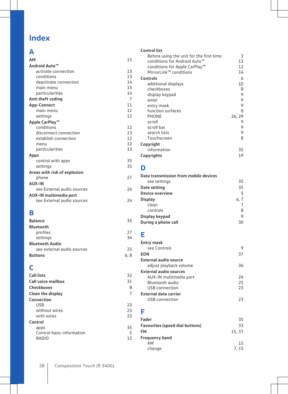 IndexAAM                                                                                 15Android Auto™activate connection                                              13conditions                                                              13deactivate connection                                          14main menu                                                             13particularities                                                         14Anti theft coding                                                           7App-Connect                                                                11main menu                                                             12settings                                                                   12Apple CarPlay™conditions                                                              12disconnect connection                                         13establish connection                                             12menu                                                                       12particularities                                                         13Appscontrol with apps                                                  35settings                                                                   35Areas with risk of explosionphone                                                                      27AUX-INsee External audio sources                                  24AUX-IN multimedia portsee External audio sources                                  24BBalance                                                                         35Bluetoothprofiles                                                                    27settings                                                                   34Bluetooth Audiosee external audio sources                                   25Buttons                                                                       6, 8CCall lists                                                                        32Call voice mailbox                                                       31Checkboxes                                                                    8Clean the display                                                           7ConnectionUSB                                                                          23without wires                                                         23with wires                                                              23Controlapps                                                                        35Control basic information                                      5RADIO                                                                     15Control listBefore using the unit for the first time                3conditions for Android Auto™                             13conditions for Apple CarPlay™                            12MirrorLink™ conditions                                        14Controls                                                                          6additional displays                                                10checkboxes                                                              8display keypad                                                         9enter                                                                         9entry mask                                                               9function surfaces                                                    8PHONE                                                             26, 29scroll                                                                         9scroll bar                                                                   9search lists                                                               9Touchscreen                                                             8Copyrightinformation                                                            35Copyrights                                                                    19DData transmission from mobile devicessee settings                                                            35Date setting                                                                 35Device overview                                                            5Display                                                                        6, 7clean                                                                         7controls                                                                    8Display keypad                                                              9During a phone call                                                     30EEntry masksee Controls                                                             9EON                                                                               37External audio sourceadjust playback volume                                        36External audio sourcesAUX-IN multimedia port                                      24Bluetooth audio                                                     25USB connection                                                     23External data carrierUSB connection                                                     23FFader                                                                             35Favourites (speed dial buttons)                                33FM                                                                          15, 37Frequency bandAM                                                                           15change                                                               7, 15Composition Touch (R 340G)38