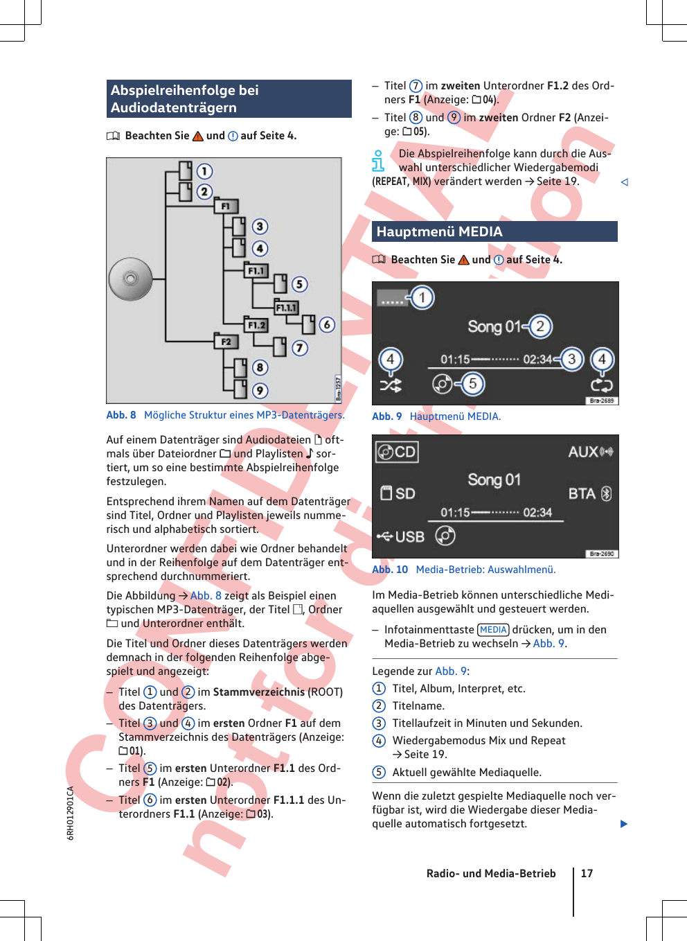  CONFIDENTIAL not for distribution Abspielreihenfolge beiAudiodatenträgernBeachten Sie   und   auf Seite 4.Abb. 8  Mögliche Struktur eines MP3-Datenträgers.Auf einem Datenträger sind Audiodateien  oft-mals über Dateiordner  und Playlisten  sor-tiert, um so eine bestimmte Abspielreihenfolgefestzulegen.Entsprechend ihrem Namen auf dem Datenträgersind Titel, Ordner und Playlisten jeweils numme-risch und alphabetisch sortiert.Unterordner werden dabei wie Ordner behandeltund in der Reihenfolge auf dem Datenträger ent-sprechend durchnummeriert.Die Abbildung → Abb. 8 zeigt als Beispiel einentypischen MP3-Datenträger, der Titel , Ordner und Unterordner enthält.Die Titel und Ordner dieses Datenträgers werdendemnach in der folgenden Reihenfolge abge-spielt und angezeigt:–Titel  1 und  2 im Stammverzeichnis (ROOT)des Datenträgers.–Titel  3 und  4 im ersten Ordner F1 auf demStammverzeichnis des Datenträgers (Anzeige: 01).–Titel  5 im ersten Unterordner F1.1 des Ord-ners F1 (Anzeige:  02).–Titel  6 im ersten Unterordner F1.1.1 des Un-terordners F1.1 (Anzeige:  03).–Titel  7 im zweiten Unterordner F1.2 des Ord-ners F1 (Anzeige:  04).–Titel  8 und  9 im zweiten Ordner F2 (Anzei-ge:  05).Die Abspielreihenfolge kann durch die Aus-wahl unterschiedlicher Wiedergabemodi(REPEAT, MIX) verändert werden → Seite 19. Hauptmenü MEDIABeachten Sie   und   auf Seite 4.Abb. 9  Hauptmenü MEDIA.Abb. 10  Media-Betrieb: Auswahlmenü.Im Media-Betrieb können unterschiedliche Medi-aquellen ausgewählt und gesteuert werden.–Infotainmenttaste  MEDIA  drücken, um in denMedia-Betrieb zu wechseln → Abb. 9.Legende zur Abb. 9:Titel, Album, Interpret, etc.Titelname.Titellaufzeit in Minuten und Sekunden.Wiedergabemodus Mix und Repeat→ Seite 19.Aktuell gewählte Mediaquelle.Wenn die zuletzt gespielte Mediaquelle noch ver-fügbar ist, wird die Wiedergabe dieser Media-quelle automatisch fortgesetzt. 12345Radio- und Media-Betrieb 176RH012901CA