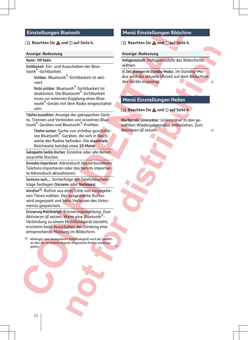  CONFIDENTIAL not for distribution Einstellungen BluetoothBeachten Sie   und   auf Seite 4.Anzeige: BedeutungName: VW RadioSichtbarkeit: Ein- und Ausschalten der Blue-tooth®-Sichtbarkeit. Sichtbar: Bluetooth®-Sichtbarkeit ist akti-viert. Nicht sichtbar: Bluetooth®-Sichtbarkeit istdeaktiviert. Die Bluetooth®-Sichtbarkeitmuss zur externen Kopplung eines Blue-tooth®-Geräts mit dem Radio eingeschaltetsein.Telefon auswählen: Anzeige der gekoppelten Gerä-te. Trennen und Verbinden von einzelnen Blue-tooth®-Geräten und Bluetooth®-Profilen. Telefon suchen: Suche von sichtbar geschalte-ten Bluetooth®-Geräten, die sich in Reich-weite des Radios befinden. Die maximaleReichweite beträgt etwa 10 Meter.Gekoppelte Geräte löschen: Einzelne oder alle Benut-zerprofile löschen.Kontakte importieren: Adressbuch des verbundenenTelefons importieren oder das bereits importier-te Adressbuch aktualisieren.Sortieren nach...: Sortierfolge der Telefonbuchein-träge festlegen (Vorname oder Nachname).Anruftona): Rufton aus einer Liste von vorgegebe-nen Tönen wählen. Der ausgewählte Ruftonwird angespielt und beim Verlassen des Unter-menüs gespeichert.Erinnerung Mobiltelefon: Erinnerungsmeldung: ZumAktivieren  setzen. Wenn eine Bluetooth®-Verbindung zu einem Mobilfunkgerät besteht,erscheint beim Ausschalten der Zündung eineentsprechende Meldung im Bildschirm.a) Abhängig vom verwendeten Mobilfunkgerät wird der gewähl-te oder der im Mobilfunkgerät eingestellte Rufton wiederge-geben. Menü Einstellungen BildschirmBeachten Sie   und   auf Seite 4.Anzeige: BedeutungHelligkeitsstufe: Helligkeitsstufe des Bildschirmswählen. Zeit anzeigen im Standby-Modus: Im Standby-Mo-dus wird die aktuelle Uhrzeit auf dem Bildschirmdes Geräts angezeigt. Menü Einstellungen MedienBeachten Sie   und   auf Seite 4.Mix/Rpt inkl. Unterordner: Unterordner in den ge-wählten Wiedergabemodus einbeziehen. ZumAktivieren  setzen. 32