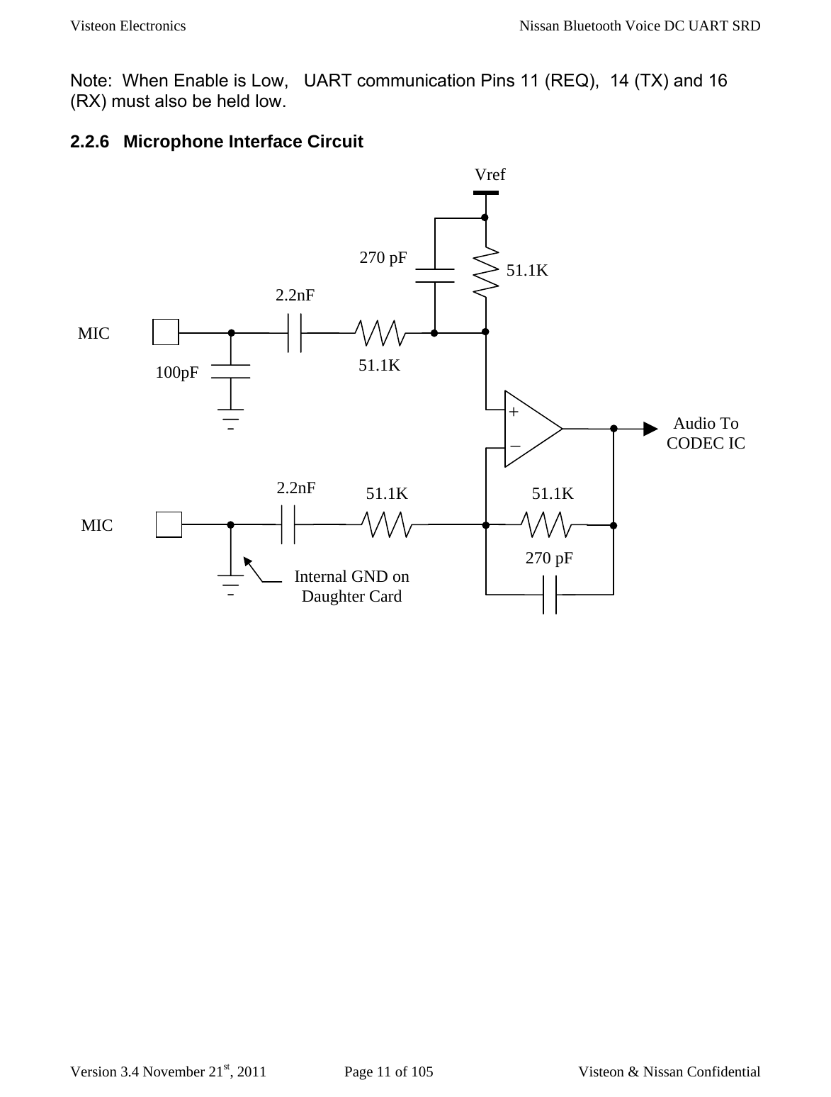 Visteon Electronics    Nissan Bluetooth Voice DC UART SRD  Version 3.4 November 21st, 2011  Page 11 of 105  Visteon &amp; Nissan Confidential Note:  When Enable is Low,   UART communication Pins 11 (REQ),  14 (TX) and 16 (RX) must also be held low.   2.2.6  Microphone Interface Circuit  MIC 51.1K Audio To  CODEC IC 51.1K 100pF 2.2nF 2.2nF MIC +_ Vref 51.1K 51.1K 270 pF 270 pF Internal GND on Daughter Card 