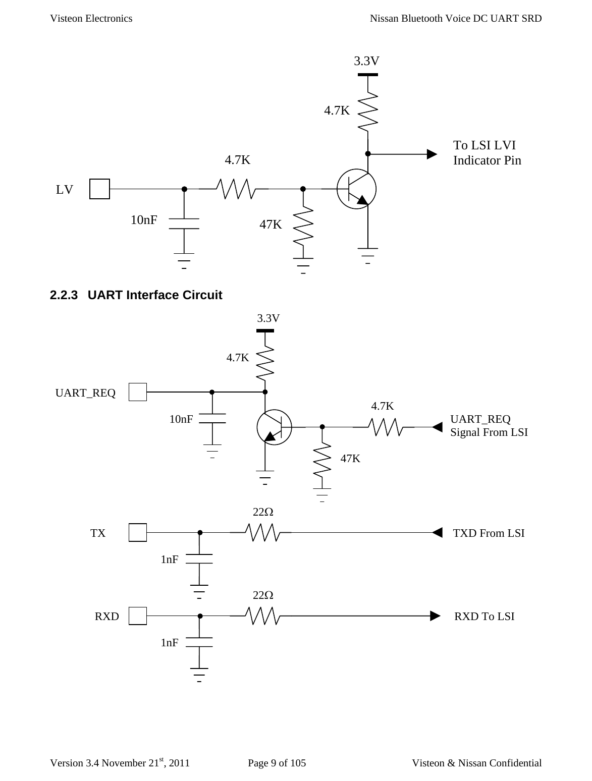 Visteon Electronics    Nissan Bluetooth Voice DC UART SRD  Version 3.4 November 21st, 2011  Page 9 of 105  Visteon &amp; Nissan Confidential  2.2.3  UART Interface Circuit   3.3V LV47K 4.7K 10nF To LSI LVI Indicator Pin 4.7K 47K 4.7K 10nF  UART_REQ Signal From LSI UART_REQ 1nF 1nF TXRXD 22Ω 22Ω TXD From LSI RXD To LSI 3.3V 4.7K 
