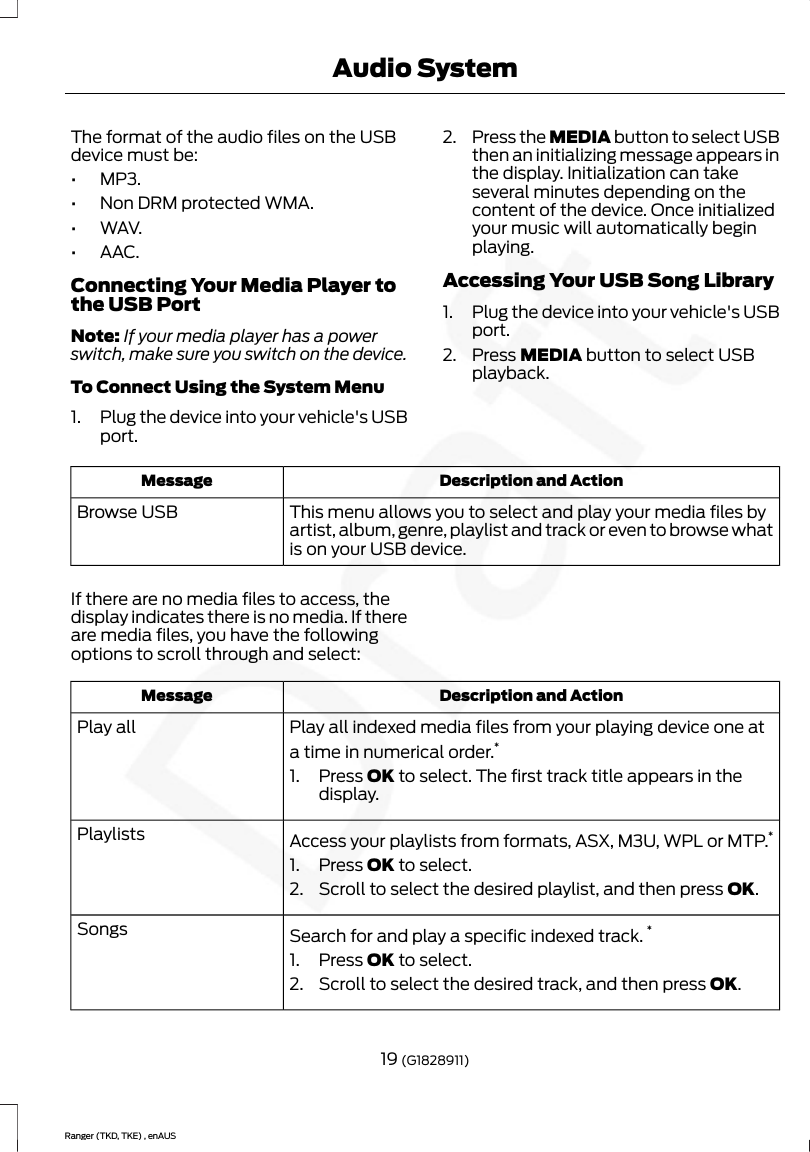 The format of the audio files on the USBdevice must be:•MP3.•Non DRM protected WMA.•WAV.•AAC.Connecting Your Media Player tothe USB PortNote: If your media player has a powerswitch, make sure you switch on the device.To Connect Using the System Menu1. Plug the device into your vehicle&apos;s USBport.2. Press the MEDIA button to select USBthen an initializing message appears inthe display. Initialization can takeseveral minutes depending on thecontent of the device. Once initializedyour music will automatically beginplaying.Accessing Your USB Song Library1. Plug the device into your vehicle&apos;s USBport.2. Press MEDIA button to select USBplayback.Description and ActionMessageThis menu allows you to select and play your media files byartist, album, genre, playlist and track or even to browse whatis on your USB device.Browse USBIf there are no media files to access, thedisplay indicates there is no media. If thereare media files, you have the followingoptions to scroll through and select:Description and ActionMessagePlay all indexed media files from your playing device one ata time in numerical order.*Play all1. Press OK to select. The first track title appears in thedisplay.Access your playlists from formats, ASX, M3U, WPL or MTP.*1. Press OK to select.2. Scroll to select the desired playlist, and then press OK.PlaylistsSearch for and play a specific indexed track. *1. Press OK to select.2. Scroll to select the desired track, and then press OK.Songs19 (G1828911)Ranger (TKD, TKE) , enAUSAudio System