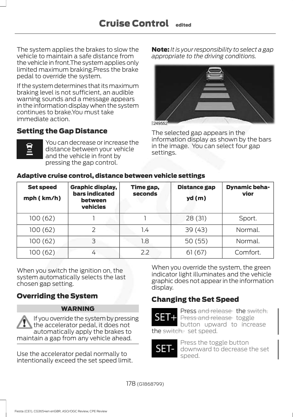 The system applies the brakes to slow thevehicle to maintain a safe distance fromthe vehicle in front.The system applies onlylimited maximum braking.Press the brakepedal to override the system.If the system determines that its maximumbraking level is not sufficient, an audiblewarning sounds and a message appearsin the information display when the systemcontinues to brake.You must takeimmediate action.Setting the Gap DistanceYou can decrease or increase thedistance between your vehicleand the vehicle in front bypressing the gap control.Note: It is your responsibility to select a gapappropriate to the driving conditions.The selected gap appears in theinformation display as shown by the barsin the image.  You can select four gapsettings.Adaptive cruise control, distance between vehicle settingsDynamic beha-viorDistance gapTime gap,secondsGraphic display,bars indicatedbetweenvehiclesSet speedyd (m)mph ( km/h)Sport.28 (31)11100 (62)Normal.39 (43)1.42100 (62)Normal.50 (55)1.83100 (62)Comfort.61 (67)2.24100 (62)When you switch the ignition on, thesystem automatically selects the lastchosen gap setting.Overriding the SystemWARNINGIf you override the system by pressingthe accelerator pedal, it does notautomatically apply the brakes tomaintain a gap from any vehicle ahead.Use the accelerator pedal normally tointentionally exceed the set speed limit.When you override the system, the greenindicator light illuminates and the vehiclegraphic does not appear in the informationdisplay.Changing the Set SpeedPress and release   the switch.Press and release  togglebutton upward to increasethe switch. set speed.Press the toggle buttondownward to decrease the setspeed.178 (G1868799)Fiesta (CE1), CG3654en enGBR, ASO/OGC Review, CPE ReviewCruise Control edited