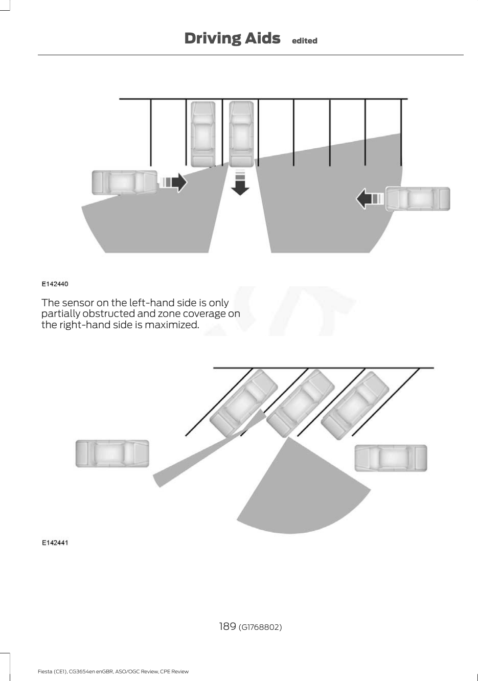 The sensor on the left-hand side is onlypartially obstructed and zone coverage onthe right-hand side is maximized.189 (G1768802)Fiesta (CE1), CG3654en enGBR, ASO/OGC Review, CPE ReviewDriving Aids edited