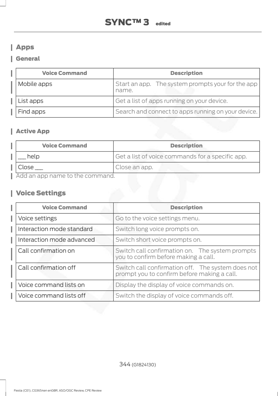 AppsGeneralDescriptionVoice CommandStart an app.  The system prompts your for the appname.Mobile appsGet a list of apps running on your device.List appsSearch and connect to apps running on your device.Find appsActive AppDescriptionVoice CommandGet a list of voice commands for a specific app.___ helpClose an app.Close ___Add an app name to the command.Voice SettingsDescriptionVoice CommandGo to the voice settings menu.Voice settingsSwitch long voice prompts on.Interaction mode standardSwitch short voice prompts on.Interaction mode advancedSwitch call confirmation on.  The system promptsyou to confirm before making a call.Call confirmation onSwitch call confirmation off.  The system does notprompt you to confirm before making a call.Call confirmation offDisplay the display of voice commands on.Voice command lists onSwitch the display of voice commands off.Voice command lists off344 (G1824130)Fiesta (CE1), CG3654en enGBR, ASO/OGC Review, CPE ReviewSYNC™ 3 edited