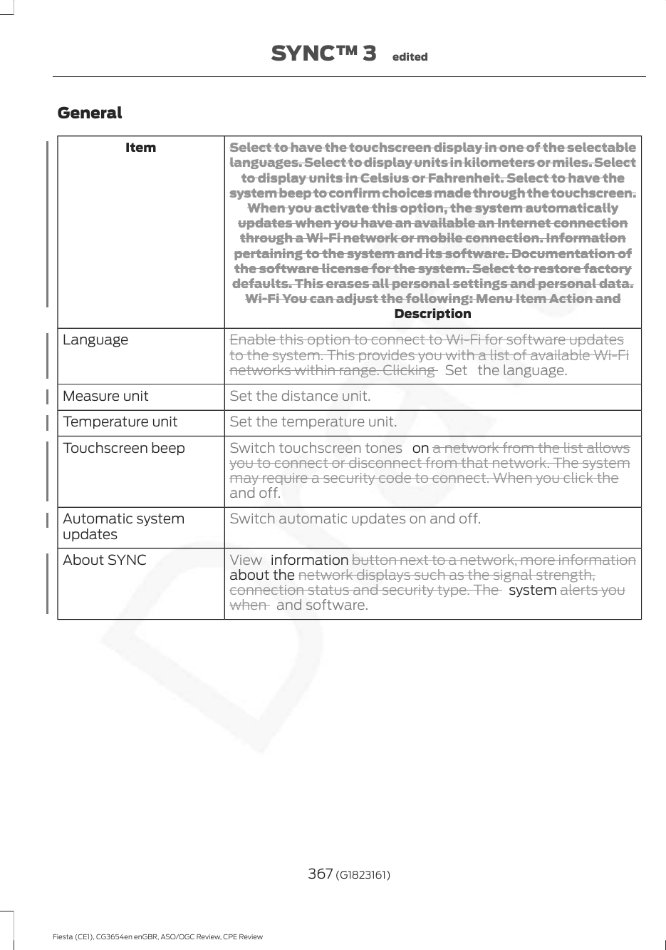 GeneralSelect to have the touchscreen display in one of the selectablelanguages. Select to display units in kilometers or miles. Selectto display units in Celsius or Fahrenheit. Select to have thesystem beep to confirm choices made through the touchscreen.When you activate this option, the system automaticallyupdates when you have an available an Internet connectionthrough a Wi-Fi network or mobile connection. Informationpertaining to the system and its software. Documentation ofthe software license for the system. Select to restore factorydefaults. This erases all personal settings and personal data.Wi-Fi You can adjust the following: Menu Item Action andDescriptionItemEnable this option to connect to Wi-Fi for software updatesto the system. This provides you with a list of available Wi-Finetworks within range. Clicking  Set the language.LanguageSet the distance unit.Measure unitSet the temperature unit.Temperature unitSwitch touchscreen tones   on a network from the list allowsyou to connect or disconnect from that network. The systemmay require a security code to connect. When you click theand off.Touchscreen beepSwitch automatic updates on and off.Automatic systemupdatesView   information button next to a network, more informationabout the network displays such as the signal strength,connection status and security type. The   system alerts youwhen  and software.About SYNC367 (G1823161)Fiesta (CE1), CG3654en enGBR, ASO/OGC Review, CPE ReviewSYNC™ 3 edited