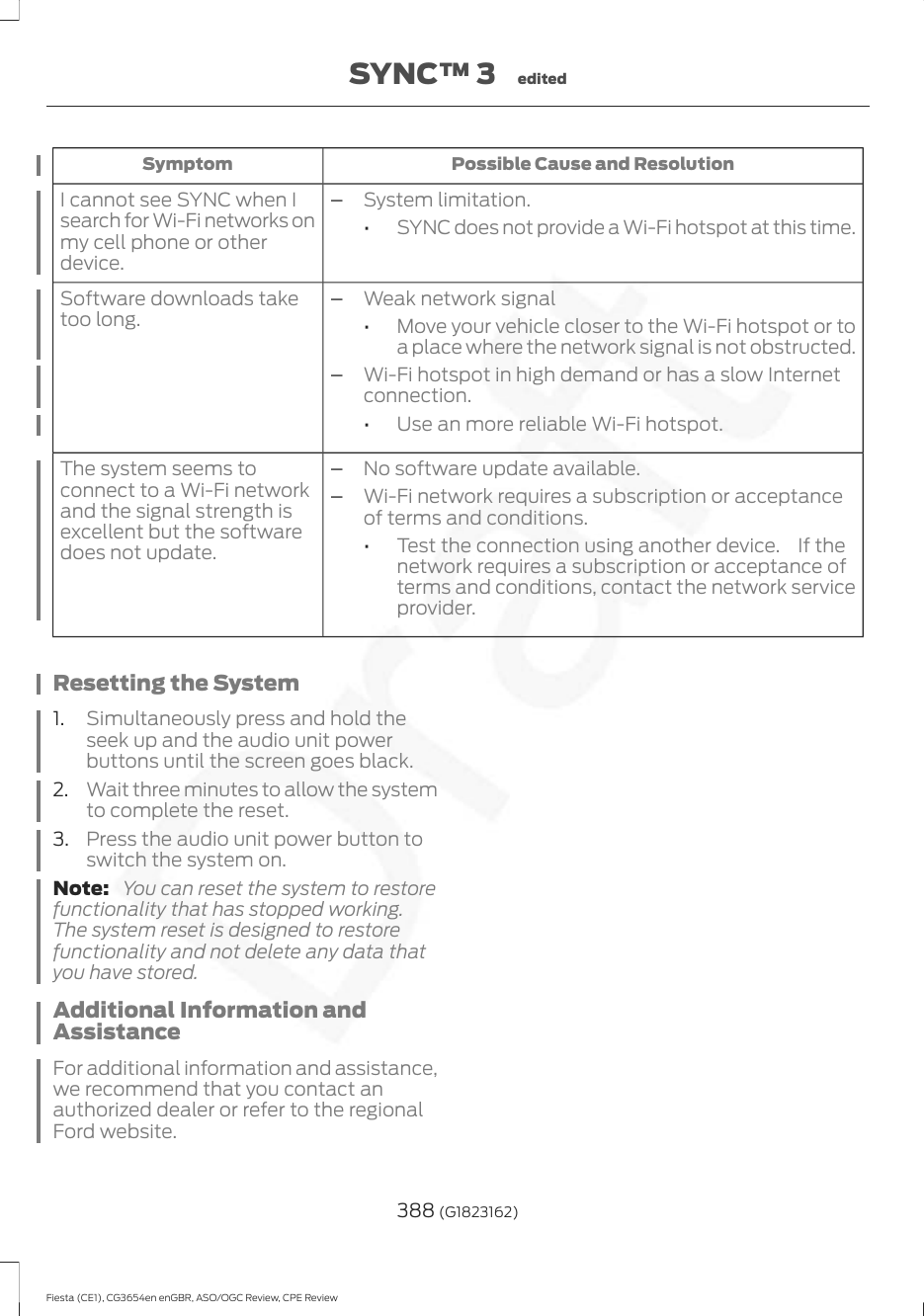 Possible Cause and ResolutionSymptomI cannot see SYNC when Isearch for Wi-Fi networks onmy cell phone or otherdevice.–System limitation.•SYNC does not provide a Wi-Fi hotspot at this time.–Weak network signal•Move your vehicle closer to the Wi-Fi hotspot or toa place where the network signal is not obstructed.–Wi-Fi hotspot in high demand or has a slow Internetconnection.•Use an more reliable Wi-Fi hotspot.Software downloads taketoo long.–No software update available.–Wi-Fi network requires a subscription or acceptanceof terms and conditions.•Test the connection using another device.  If thenetwork requires a subscription or acceptance ofterms and conditions, contact the network serviceprovider.The system seems toconnect to a Wi-Fi networkand the signal strength isexcellent but the softwaredoes not update.Resetting the System1. Simultaneously press and hold theseek up and the audio unit powerbuttons until the screen goes black.2. Wait three minutes to allow the systemto complete the reset.3. Press the audio unit power button toswitch the system on.Note:  You can reset the system to restorefunctionality that has stopped working.The system reset is designed to restorefunctionality and not delete any data thatyou have stored.Additional Information andAssistanceFor additional information and assistance,we recommend that you contact anauthorized dealer or refer to the regionalFord website.388 (G1823162)Fiesta (CE1), CG3654en enGBR, ASO/OGC Review, CPE ReviewSYNC™ 3 edited