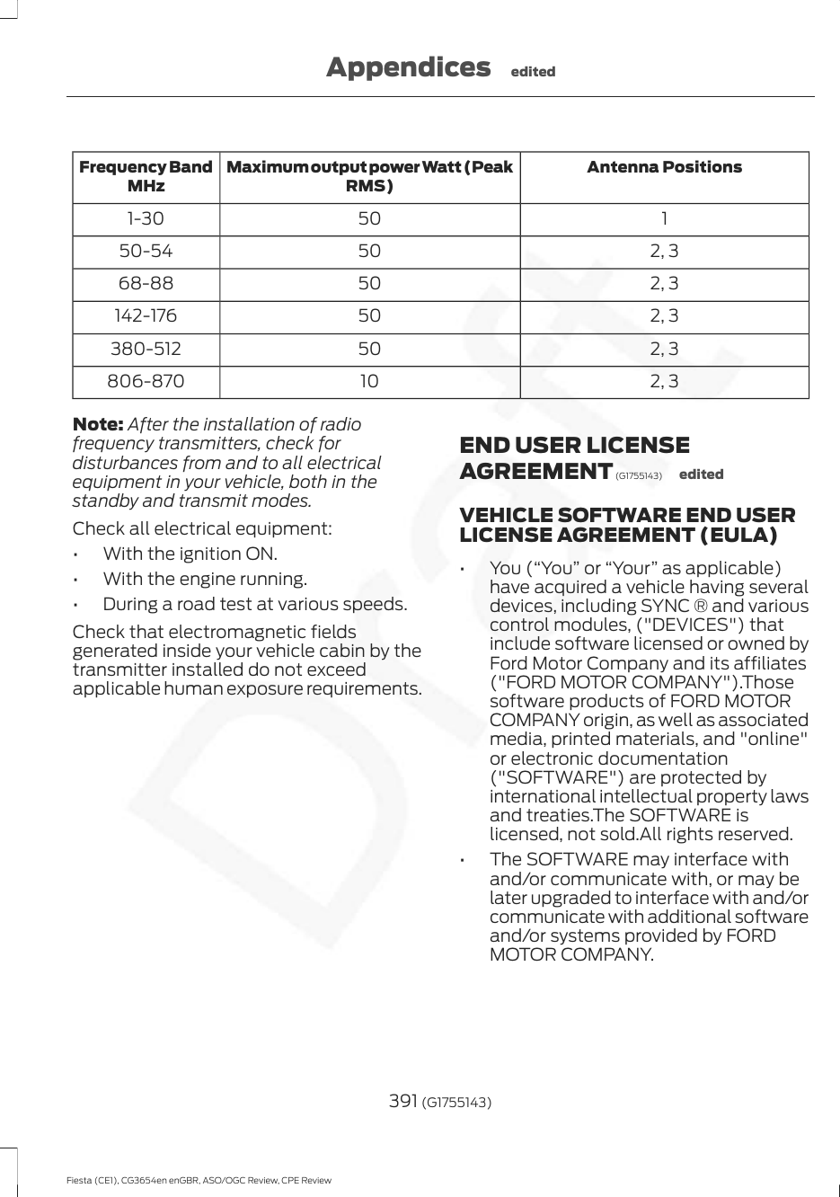Antenna PositionsMaximum output power Watt (PeakRMS)Frequency BandMHz1501-302, 35050-542, 35068-882, 350142-1762, 350380-5122, 310806-870Note: After the installation of radiofrequency transmitters, check fordisturbances from and to all electricalequipment in your vehicle, both in thestandby and transmit modes.Check all electrical equipment:• With the ignition ON.• With the engine running.• During a road test at various speeds.Check that electromagnetic fieldsgenerated inside your vehicle cabin by thetransmitter installed do not exceedapplicable human exposure requirements.END USER LICENSEAGREEMENT (G1755143) editedVEHICLE SOFTWARE END USERLICENSE AGREEMENT (EULA)• You (“You” or “Your” as applicable)have acquired a vehicle having severaldevices, including SYNC ® and variouscontrol modules, (&quot;DEVICES&quot;) thatinclude software licensed or owned byFord Motor Company and its affiliates(&quot;FORD MOTOR COMPANY&quot;).Thosesoftware products of FORD MOTORCOMPANY origin, as well as associatedmedia, printed materials, and &quot;online&quot;or electronic documentation(&quot;SOFTWARE&quot;) are protected byinternational intellectual property lawsand treaties.The SOFTWARE islicensed, not sold.All rights reserved.• The SOFTWARE may interface withand/or communicate with, or may belater upgraded to interface with and/orcommunicate with additional softwareand/or systems provided by FORDMOTOR COMPANY.391 (G1755143)Fiesta (CE1), CG3654en enGBR, ASO/OGC Review, CPE ReviewAppendices edited