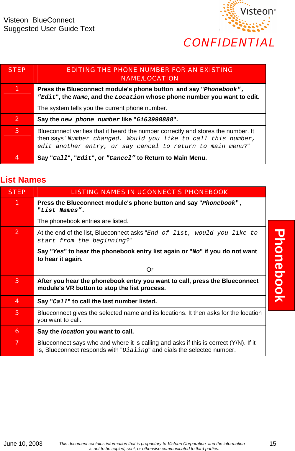 Visteon  BlueConnect Suggested User Guide Text  CONFIDENTIAL  June 10, 2003  This document contains information that is proprietary to Visteon Corporation  and the information is not to be copied, sent, or otherwise communicated to third parties.  15  STEP  EDITING THE PHONE NUMBER FOR AN EXISTING NAME/LOCATION 1  Press the Blueconnect module&apos;s phone button  and say &quot;Phonebook&quot;, &quot;Edit&quot;, the Name, and the Location whose phone number you want to edit.  The system tells you the current phone number. 2  Say the new phone number like &quot;6163998888&quot;. 3  Blueconnect verifies that it heard the number correctly and stores the number. It then says &quot;Number changed. Would you like to call this number, edit another entry, or say cancel to return to main menu?&quot;  4  Say &quot;Call&quot;, &quot;Edit&quot;, or &quot;Cancel” to Return to Main Menu.  List Names STEP  LISTING NAMES IN UCONNECT&apos;S PHONEBOOK 1  Press the Blueconnect module&apos;s phone button and say &quot;Phonebook&quot;, &quot;List Names”. The phonebook entries are listed. 2  At the end of the list, Blueconnect asks &quot;End of list, would you like to start from the beginning?&quot;  Say &quot;Yes&quot; to hear the phonebook entry list again or &quot;No&quot; if you do not want to hear it again. Or 3  After you hear the phonebook entry you want to call, press the Blueconnect module&apos;s VR button to stop the list process. 4  Say &quot;Call&quot; to call the last number listed.  5  Blueconnect gives the selected name and its locations. It then asks for the location you want to call. 6  Say the location you want to call. 7  Blueconnect says who and where it is calling and asks if this is correct (Y/N). If it is, Blueconnect responds with &quot;Dialing&quot; and dials the selected number.  Phonebook