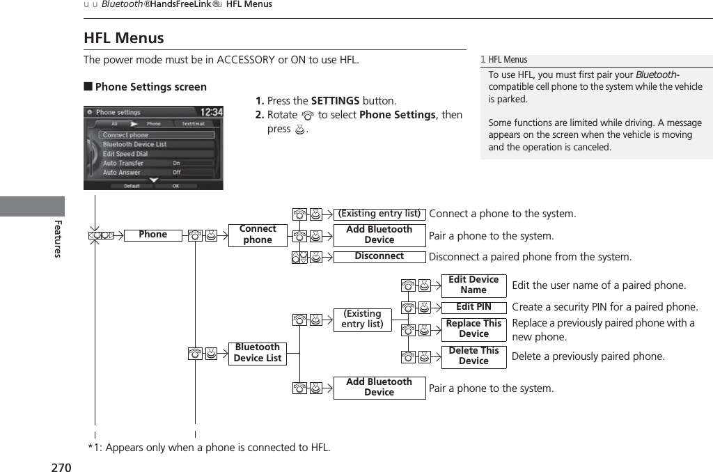 270uuBluetooth® HandsFreeLink®uHFL MenusFeaturesHFL MenusThe power mode must be in ACCESSORY or ON to use HFL.■Phone Settings screen1. Press the SETTINGS button.2. Rotate   to select Phone Settings, then press .1HFL MenusTo use HFL, you must first pair your Bluetooth-compatible cell phone to the system while the vehicle is parked.Some functions are limited while driving. A message appears on the screen when the vehicle is moving and the operation is canceled.Edit the user name of a paired phone.PhoneEdit Device NameConnect phoneBluetooth Device List (Existing entry list) Replace This DeviceAdd Bluetooth DeviceDisconnect a paired phone from the system.Connect a phone to the system.*1: Appears only when a phone is connected to HFL.Disconnect (Existing entry list)  Pair a phone to the system.Edit PIN Create a security PIN for a paired phone.Replace a previously paired phone with a new phone.Delete This Device Delete a previously paired phone.    Add Bluetooth Device Pair a phone to the system. 