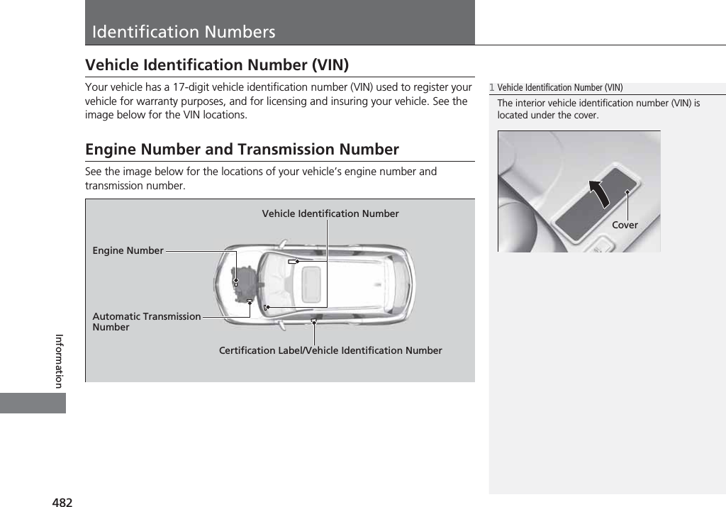 482InformationIdentification NumbersVehicle Identification Number (VIN)Your vehicle has a 17-digit vehicle identification number (VIN) used to register your vehicle for warranty purposes, and for licensing and insuring your vehicle. See the image below for the VIN locations.Engine Number and Transmission NumberSee the image below for the locations of your vehicle’s engine number and transmission number.1Vehicle Identification Number (VIN)The interior vehicle identification number (VIN) is located under the cover.CoverVehicle Identification NumberEngine NumberCertification Label/Vehicle Identification NumberAutomatic Transmission Number