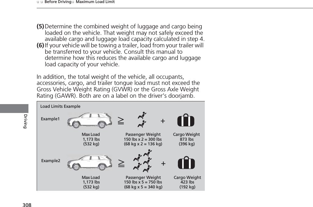 308uuBefore DrivinguMaximum Load LimitDriving(5) Determine the combined weight of luggage and cargo being loaded on the vehicle. That weight may not safely exceed the available cargo and luggage load capacity calculated in step 4.(6) If your vehicle will be towing a trailer, load from your trailer will be transferred to your vehicle. Consult this manual to determine how this reduces the available cargo and luggage load capacity of your vehicle.In addition, the total weight of the vehicle, all occupants, accessories, cargo, and trailer tongue load must not exceed the Gross Vehicle Weight Rating (GVWR) or the Gross Axle Weight Rating (GAWR). Both are on a label on the driver’s doorjamb.Load Limits ExampleExample1Max Load 1,173 lbs (532 kg)Passenger Weight 150 lbs x 2 = 300 lbs (68 kg x 2 = 136 kg)Cargo Weight 873 lbs (396 kg)Example2Max Load 1,173 lbs (532 kg)Passenger Weight 150 lbs x 5 = 750 lbs (68 kg x 5 = 340 kg)Cargo Weight 423 lbs (192 kg)