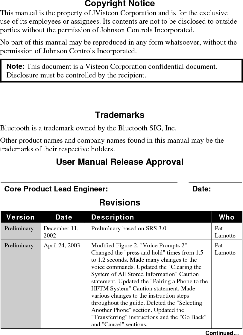   Draft Copy   Revisions (Continued…) Version  Date  Description  Who Preliminary  June 25, 2003  Added &quot;BLUECONN&quot; to FCC label in back of document.   Pat Lamotte                           