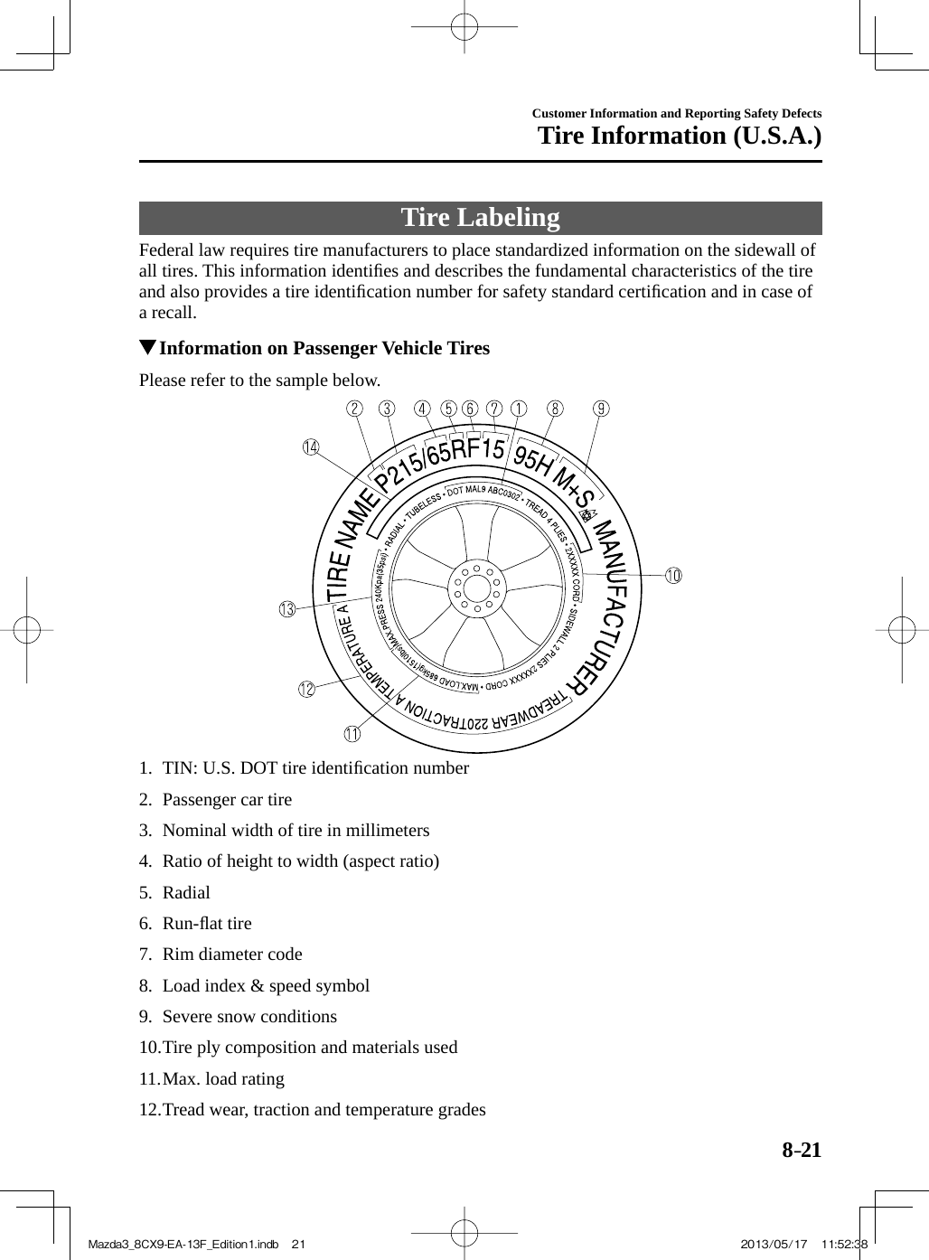 8–21Customer Information and Reporting Safety DefectsTire Information (U.S.A.)             Tire  Labeling    Federal law requires tire manufacturers to place standardized information on the sidewall of all tires. This information identiﬁ es and describes the fundamental characteristics of the tire and also provides a tire identiﬁ cation number for safety standard certiﬁ cation and in case of a recall.         Information on Passenger Vehicle Tires    Please refer to the sample below.     1.   TIN:  U.S.  DOT  tire  identiﬁ cation number   2.   Passenger  car  tire   3.   Nominal width of tire in millimeters   4.   Ratio of height to width (aspect ratio)   5.   Radial   6.   Run-ﬂ at tire   7.   Rim  diameter  code   8.   Load  index  &amp;  speed  symbol   9.   Severe  snow  conditions   10.  Tire ply composition and materials used   11.  Max.  load  rating   12.  Tread wear, traction and temperature gradesMazda3_8CX9-EA-13F_Edition1.indb   21Mazda3_8CX9-EA-13F_Edition1.indb   21 2013/05/17   11:52:382013/05/17   11:52:38