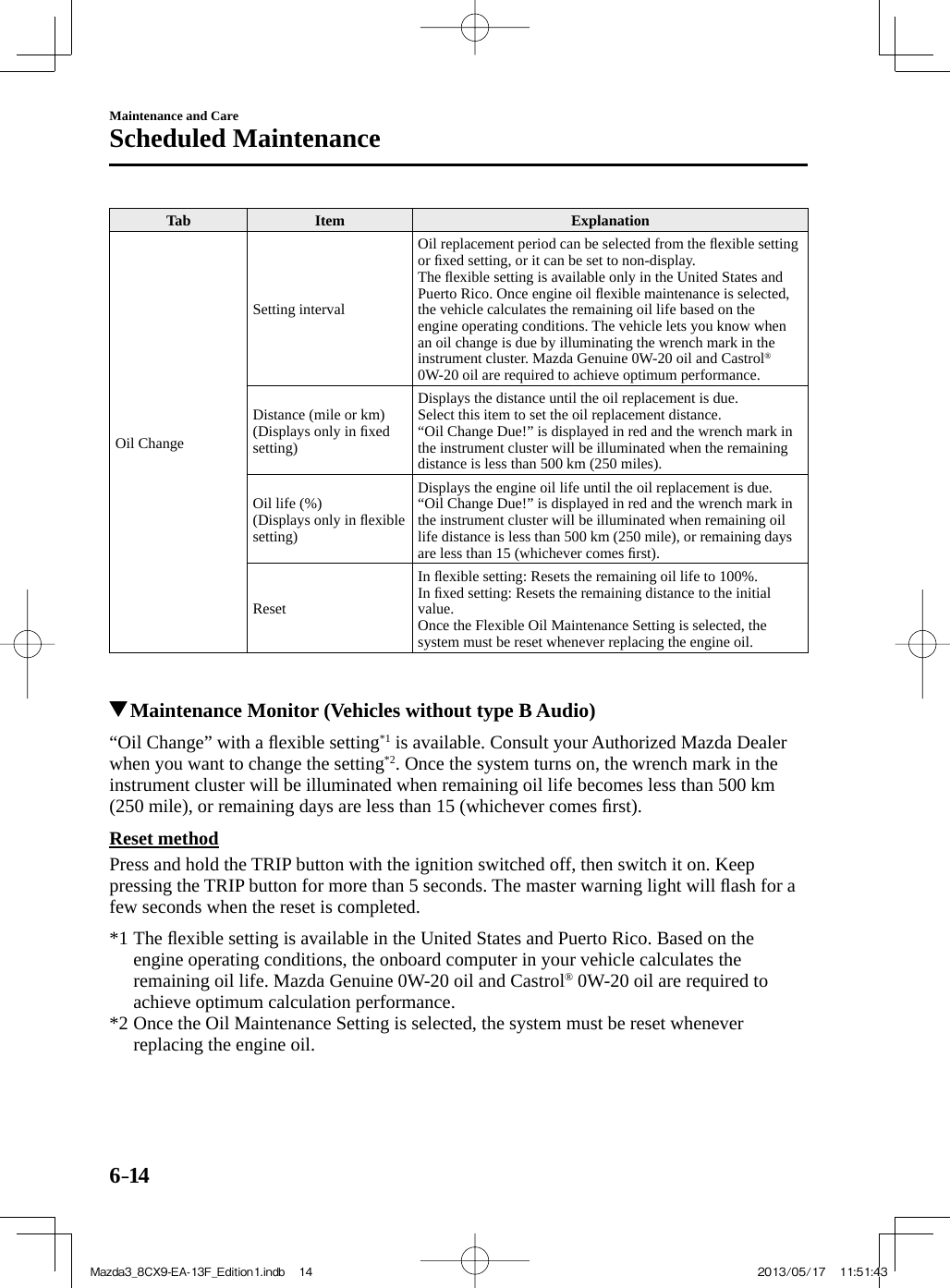 6–14Maintenance and CareScheduled Maintenance Tab   Item   Explanation  Oil  Change  Setting  interval  Oil replacement period can be selected from the ﬂ exible setting or ﬁ xed setting, or it can be set to non-display.  The  ﬂ exible setting is available only in the United States and Puerto Rico. Once engine oil ﬂ exible maintenance is selected, the vehicle calculates the remaining oil life based on the engine operating conditions. The vehicle lets you know when an oil change is due by illuminating the wrench mark in the instrument cluster. Mazda Genuine 0W-20 oil and Castrol ®  0W-20 oil are required to achieve optimum performance.  Distance (mile or km)  (Displays only in ﬁ xed setting)  Displays the distance until the oil replacement is due.  Select this item to set the oil replacement distance.  “Oil Change Due!” is displayed in red and the wrench mark in the instrument cluster will be illuminated when the remaining distance is less than 500 km (250 miles).  Oil life (%)  (Displays only in ﬂ exible setting)  Displays the engine oil life until the oil replacement is due.  “Oil Change Due!” is displayed in red and the wrench mark in the instrument cluster will be illuminated when remaining oil life distance is less than 500 km (250 mile), or remaining days are less than 15 (whichever comes ﬁ rst).  Reset  In  ﬂ exible setting: Resets the remaining oil life to 100%.  In  ﬁ xed setting: Resets the remaining distance to the initial value.  Once the Flexible Oil Maintenance Setting is selected, the system must be reset whenever replacing the engine oil.              Maintenance Monitor (Vehicles without type B Audio)    “Oil  Change”  with  a  ﬂ exible setting *1  is available. Consult your Authorized Mazda Dealer when you want to change the setting *2 . Once the system turns on, the wrench mark in the instrument cluster will be illuminated when remaining oil life becomes less than 500 km (250 mile), or remaining days are less than 15 (whichever comes ﬁ rst).  Reset  method    Press and hold the TRIP button with the ignition switched off, then switch it on. Keep pressing the TRIP button for more than 5 seconds. The master warning light will ﬂ ash for a few seconds when the reset is completed.      *1  The  ﬂ exible setting is available in the United States and Puerto Rico. Based on the engine operating conditions, the onboard computer in your vehicle calculates the remaining oil life. Mazda Genuine 0W-20 oil and Castrol ®  0W-20 oil are required to achieve optimum calculation performance.    *2 Once the Oil Maintenance Setting is selected, the system must be reset whenever replacing the engine oil.    Mazda3_8CX9-EA-13F_Edition1.indb   14Mazda3_8CX9-EA-13F_Edition1.indb   14 2013/05/17   11:51:432013/05/17   11:51:43