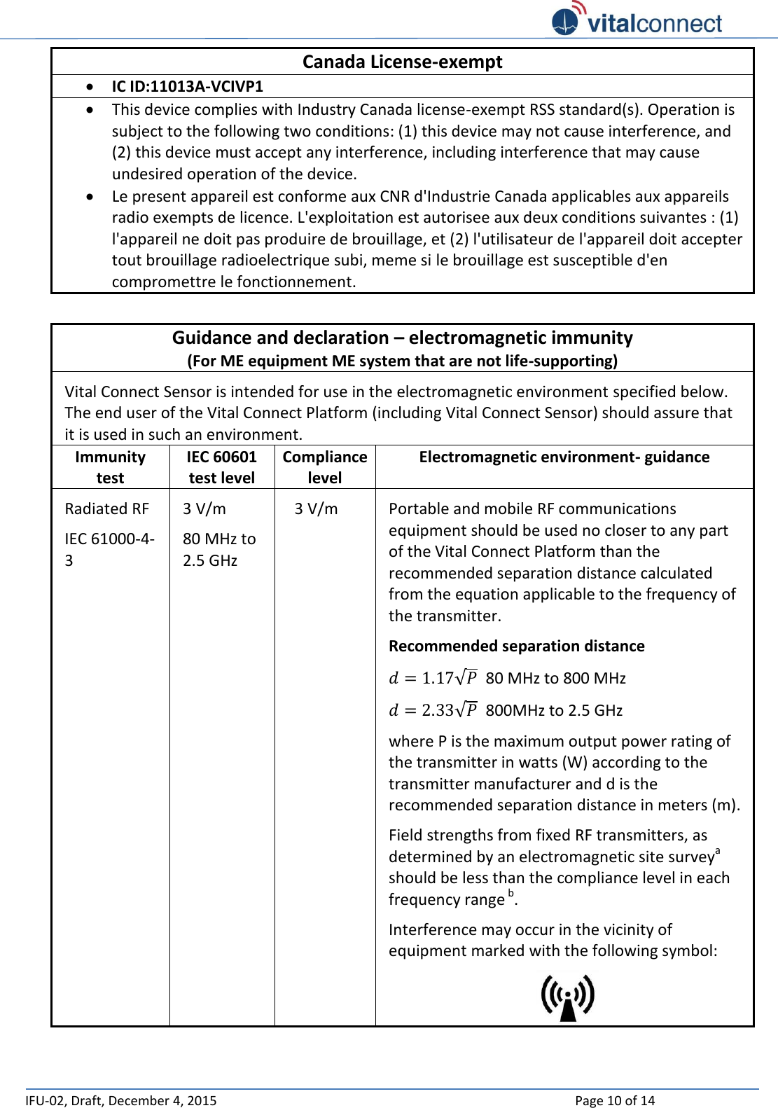   IFU-02, Draft, December 4, 2015    Page 10 of 14  Canada License-exempt  IC ID:11013A-VCIVP1  This device complies with Industry Canada license-exempt RSS standard(s). Operation is subject to the following two conditions: (1) this device may not cause interference, and (2) this device must accept any interference, including interference that may cause undesired operation of the device.  Le present appareil est conforme aux CNR d&apos;Industrie Canada applicables aux appareils radio exempts de licence. L&apos;exploitation est autorisee aux deux conditions suivantes : (1) l&apos;appareil ne doit pas produire de brouillage, et (2) l&apos;utilisateur de l&apos;appareil doit accepter tout brouillage radioelectrique subi, meme si le brouillage est susceptible d&apos;en compromettre le fonctionnement.  Guidance and declaration – electromagnetic immunity (For ME equipment ME system that are not life-supporting) Vital Connect Sensor is intended for use in the electromagnetic environment specified below. The end user of the Vital Connect Platform (including Vital Connect Sensor) should assure that it is used in such an environment. Immunity test IEC 60601 test level Compliance level Electromagnetic environment- guidance Radiated RF IEC 61000-4-3  3 V/m 80 MHz to 2.5 GHz 3 V/m Portable and mobile RF communications equipment should be used no closer to any part of the Vital Connect Platform than the recommended separation distance calculated from the equation applicable to the frequency of the transmitter. Recommended separation distance 𝑑 = 1.17√𝑃  80 MHz to 800 MHz 𝑑 = 2.33√𝑃  800MHz to 2.5 GHz where P is the maximum output power rating of the transmitter in watts (W) according to the transmitter manufacturer and d is the recommended separation distance in meters (m). Field strengths from fixed RF transmitters, as determined by an electromagnetic site surveya should be less than the compliance level in each frequency range b.  Interference may occur in the vicinity of equipment marked with the following symbol:  