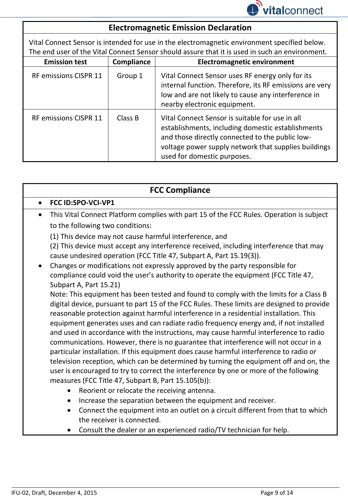   IFU-02, Draft, December 4, 2015    Page 9 of 14  Electromagnetic Emission Declaration Vital Connect Sensor is intended for use in the electromagnetic environment specified below. The end user of the Vital Connect Sensor should assure that it is used in such an environment. Emission test Compliance Electromagnetic environment RF emissions CISPR 11 Group 1 Vital Connect Sensor uses RF energy only for its internal function. Therefore, its RF emissions are very low and are not likely to cause any interference in nearby electronic equipment. RF emissions CISPR 11 Class B Vital Connect Sensor is suitable for use in all establishments, including domestic establishments and those directly connected to the public low-voltage power supply network that supplies buildings used for domestic purposes.  FCC Compliance  FCC ID:SPO-VCI-VP1  This Vital Connect Platform complies with part 15 of the FCC Rules. Operation is subject to the following two conditions:  (1) This device may not cause harmful interference, and  (2) This device must accept any interference received, including interference that may cause undesired operation (FCC Title 47, Subpart A, Part 15.19(3)).  Changes or modifications not expressly approved by the party responsible for compliance could void the user’s authority to operate the equipment (FCC Title 47, Subpart A, Part 15.21) Note: This equipment has been tested and found to comply with the limits for a Class B digital device, pursuant to part 15 of the FCC Rules. These limits are designed to provide reasonable protection against harmful interference in a residential installation. This equipment generates uses and can radiate radio frequency energy and, if not installed and used in accordance with the instructions, may cause harmful interference to radio communications. However, there is no guarantee that interference will not occur in a particular installation. If this equipment does cause harmful interference to radio or television reception, which can be determined by turning the equipment off and on, the user is encouraged to try to correct the interference by one or more of the following measures (FCC Title 47, Subpart B, Part 15.105(b)):  Reorient or relocate the receiving antenna.  Increase the separation between the equipment and receiver.  Connect the equipment into an outlet on a circuit different from that to which the receiver is connected.  Consult the dealer or an experienced radio/TV technician for help.   