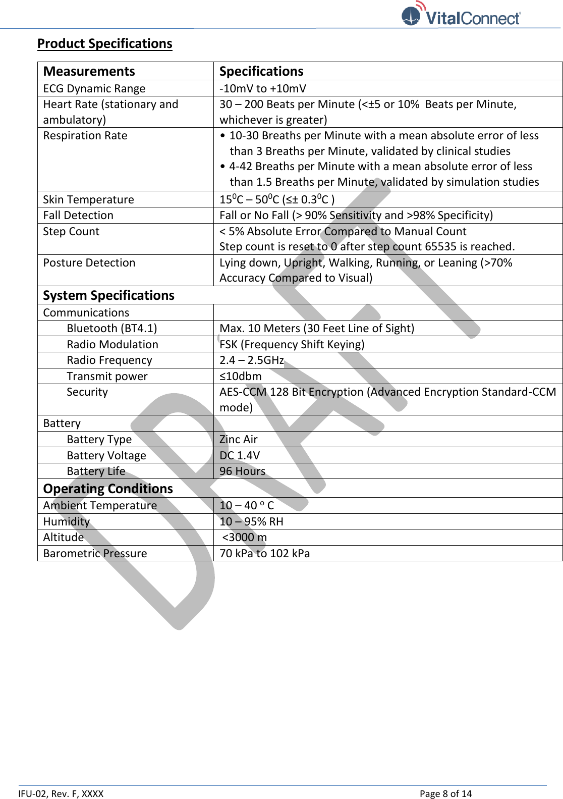   IFU-02, Rev. F, XXXX    Page 8 of 14  Product Specifications Measurements Specifications ECG Dynamic Range -10mV to +10mV Heart Rate (stationary and ambulatory) 30 – 200 Beats per Minute (&lt;±5 or 10%  Beats per Minute, whichever is greater) Respiration Rate • 10-30 Breaths per Minute with a mean absolute error of less than 3 Breaths per Minute, validated by clinical studies • 4-42 Breaths per Minute with a mean absolute error of less than 1.5 Breaths per Minute, validated by simulation studies Skin Temperature 150C – 500C (≤± 0.30C ) Fall Detection Fall or No Fall (&gt; 90% Sensitivity and &gt;98% Specificity) Step Count &lt; 5% Absolute Error Compared to Manual Count Step count is reset to 0 after step count 65535 is reached. Posture Detection Lying down, Upright, Walking, Running, or Leaning (&gt;70% Accuracy Compared to Visual) System Specifications Communications  Bluetooth (BT4.1) Max. 10 Meters (30 Feet Line of Sight) Radio Modulation FSK (Frequency Shift Keying) Radio Frequency 2.4 – 2.5GHz Transmit power ≤10dbm Security AES-CCM 128 Bit Encryption (Advanced Encryption Standard-CCM mode) Battery  Battery Type Zinc Air Battery Voltage DC 1.4V Battery Life 96 Hours Operating Conditions Ambient Temperature 10 – 40 o C Humidity 10 – 95% RH Altitude  &lt;3000 m Barometric Pressure 70 kPa to 102 kPa      