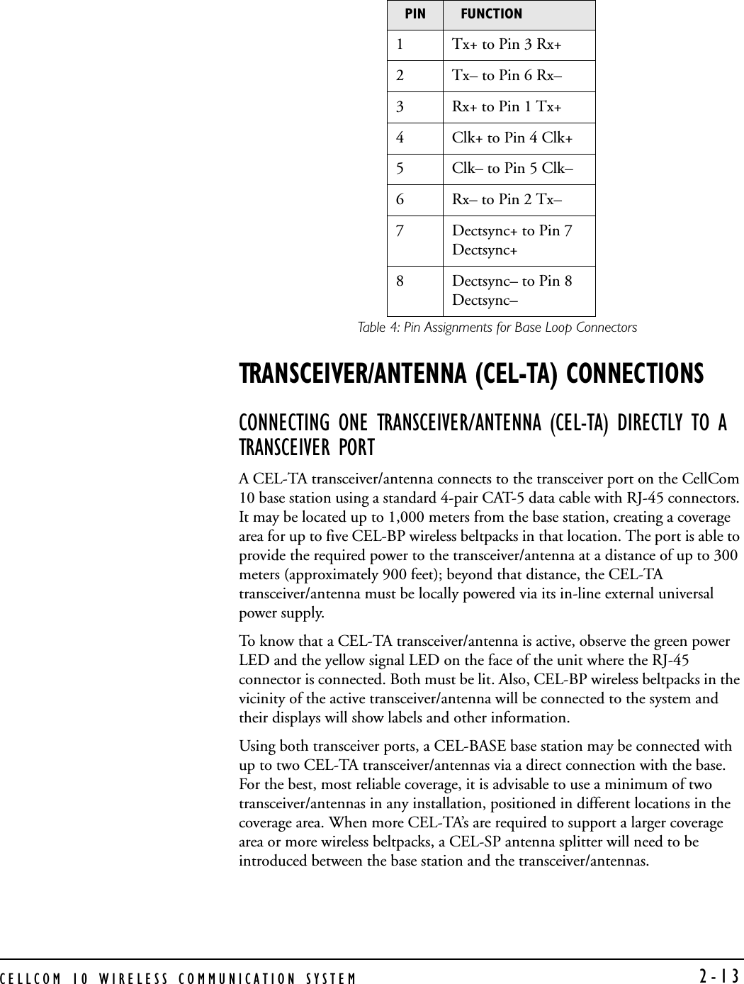CELLCOM 10 WIRELESS COMMUNICATION SYSTEM  2-13Table 4: Pin Assignments for Base Loop ConnectorsTRANSCEIVER/ANTENNA (CEL-TA) CONNECTIONSCONNECTING ONE TRANSCEIVER/ANTENNA (CEL-TA) DIRECTLY TO A TRANSCEIVER PORTA CEL-TA transceiver/antenna connects to the transceiver port on the CellCom 10 base station using a standard 4-pair CAT-5 data cable with RJ-45 connectors. It may be located up to 1,000 meters from the base station, creating a coverage area for up to five CEL-BP wireless beltpacks in that location. The port is able to provide the required power to the transceiver/antenna at a distance of up to 300 meters (approximately 900 feet); beyond that distance, the CEL-TA transceiver/antenna must be locally powered via its in-line external universal power supply.To know that a CEL-TA transceiver/antenna is active, observe the green power LED and the yellow signal LED on the face of the unit where the RJ-45 connector is connected. Both must be lit. Also, CEL-BP wireless beltpacks in the vicinity of the active transceiver/antenna will be connected to the system and their displays will show labels and other information. Using both transceiver ports, a CEL-BASE base station may be connected with up to two CEL-TA transceiver/antennas via a direct connection with the base. For the best, most reliable coverage, it is advisable to use a minimum of two transceiver/antennas in any installation, positioned in different locations in the coverage area. When more CEL-TA’s are required to support a larger coverage area or more wireless beltpacks, a CEL-SP antenna splitter will need to be introduced between the base station and the transceiver/antennas.PIN FUNCTION1Tx+ to Pin 3 Rx+2Tx– to Pin 6 Rx–3 Rx+ to Pin 1 Tx+ 4 Clk+ to Pin 4 Clk+5 Clk– to Pin 5 Clk–6Rx– to Pin 2 Tx–7 Dectsync+ to Pin 7 Dectsync+8 Dectsync– to Pin 8 Dectsync–