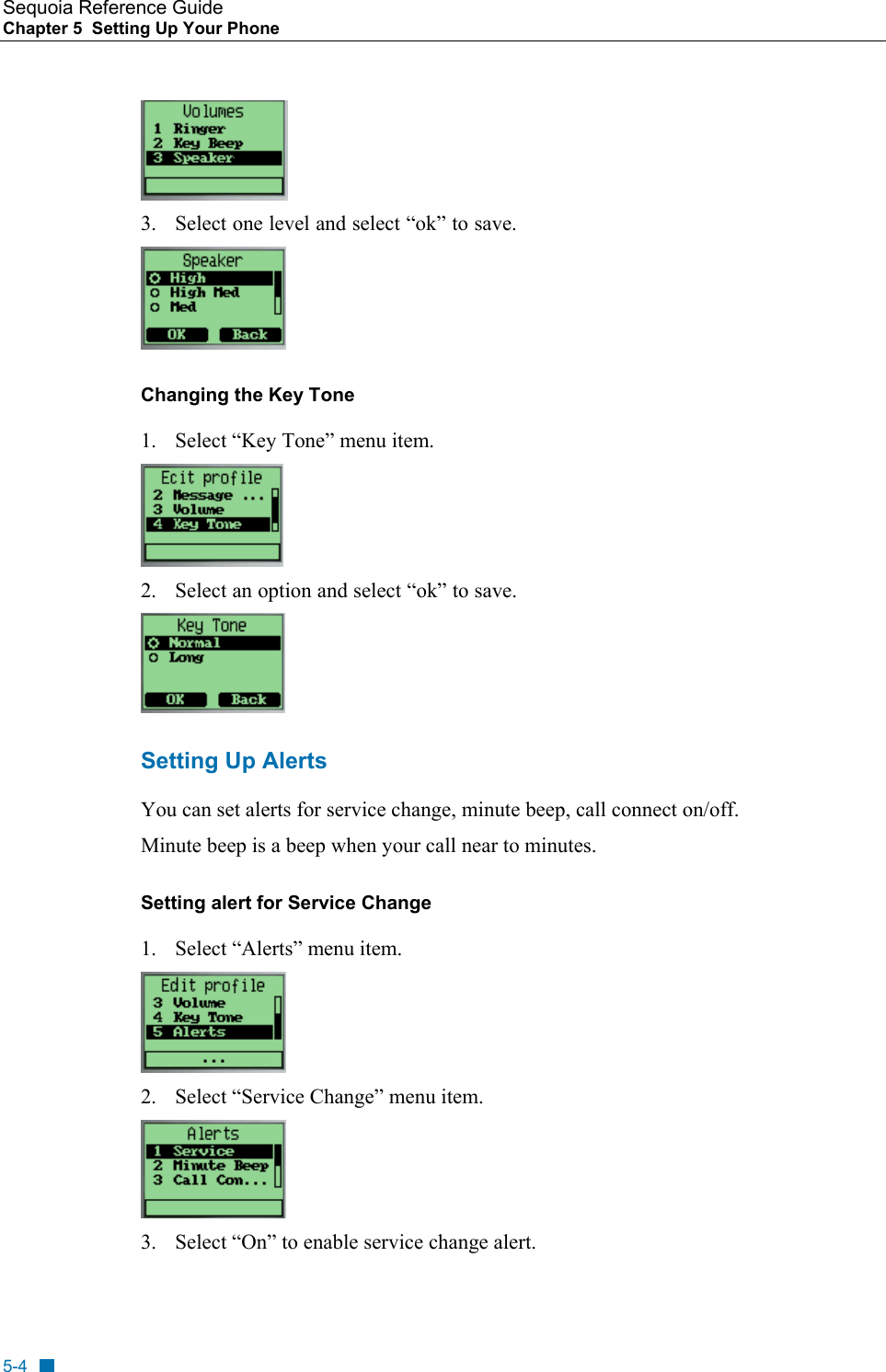Sequoia Reference Guide Chapter 5  Setting Up Your Phone     3.  Select one level and select &ldquo;ok&rdquo; to save.  Changing the Key Tone  1.  Select &ldquo;Key Tone&rdquo; menu item.  2.  Select an option and select &ldquo;ok&rdquo; to save.  Setting Up Alerts  You can set alerts for service change, minute beep, call connect on/off.  Minute beep is a beep when your call near to minutes. Setting alert for Service Change 1.  Select &ldquo;Alerts&rdquo; menu item.  2.  Select &ldquo;Service Change&rdquo; menu item.   3.  Select &ldquo;On&rdquo; to enable service change alert. 5-4 
