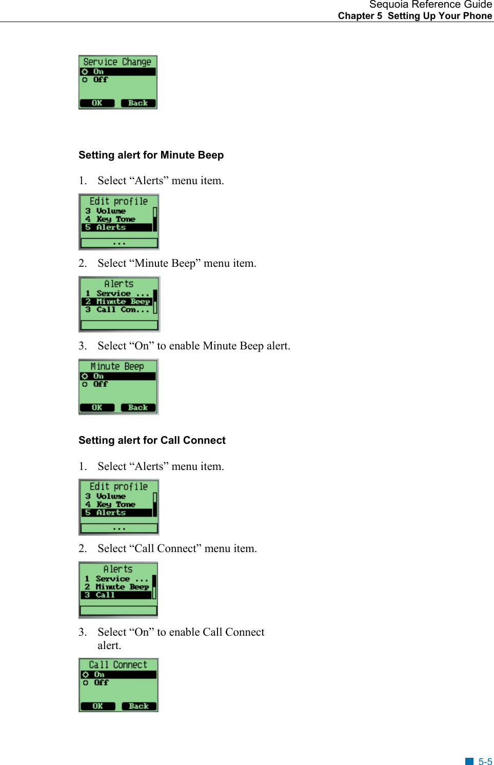 Sequoia Reference Guide Chapter 5  Setting Up Your Phone      Setting alert for Minute Beep 1.  Select &ldquo;Alerts&rdquo; menu item.  2.  Select &ldquo;Minute Beep&rdquo; menu item.   3.  Select &ldquo;On&rdquo; to enable Minute Beep alert.  Setting alert for Call Connect 1.  Select &ldquo;Alerts&rdquo; menu item.  2.  Select &ldquo;Call Connect&rdquo; menu item.   3.  Select &ldquo;On&rdquo; to enable Call Connect alert.  5-5 