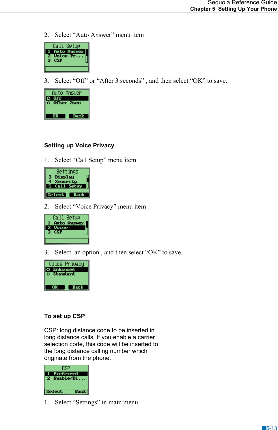 Sequoia Reference Guide Chapter 5  Setting Up Your Phone    2.  Select &ldquo;Auto Answer&rdquo; menu item  3.  Select &ldquo;Off&rdquo; or &ldquo;After 3 seconds&rdquo; , and then select &ldquo;OK&rdquo; to save.   Setting up Voice Privacy 1.  Select &ldquo;Call Setup&rdquo; menu item  2.  Select &ldquo;Voice Privacy&rdquo; menu item  3.  Select  an option , and then select &ldquo;OK&rdquo; to save.   To set up CSP CSP: long distance code to be inserted in long distance calls. If you enable a carrier selection code, this code will be inserted to the long distance calling number which originate from the phone.  1.  Select &ldquo;Settings&rdquo; in main menu 5-13 