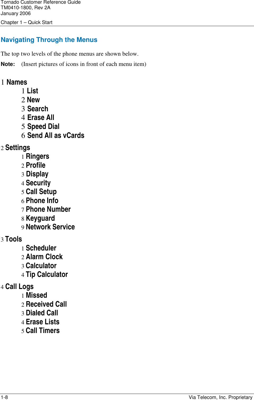 Tornado Customer Reference Guide TM0410-1800, Rev 2A January 2006 Chapter 1 &ndash; Quick Start 1-8    Via Telecom, Inc. Proprietary Navigating Through the Menus The top two levels of the phone menus are shown below. Note:   (Insert pictures of icons in front of each menu item)  1 Names 1 List 2 New 3 Search 4 Erase All 5 Speed Dial 6 Send All as vCards 2 Settings 1 Ringers 2 Profile 3 Display 4 Security 5 Call Setup 6 Phone Info 7 Phone Number 8 Keyguard 9 Network Service 3 Tools 1 Scheduler 2 Alarm Clock 3 Calculator 4 Tip Calculator  4 Call Logs 1 Missed 2 Received Call 3 Dialed Call 4 Erase Lists 5 Call Timers 