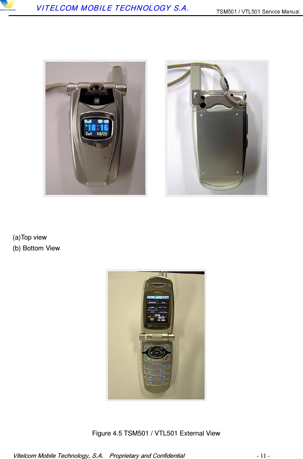9LWHOFRP0RELOH7HFKQRORJ\6$  3URSULHWDU\DQG&amp;RQILGHQWLDO   - 11 -        VVIITTEELLCCOOMM  MMOOBBIILLEE  TTEECCHHNNOOLLOOGGYY  SS..AA..                                                     (a)Top view (b) Bottom View     Figure 4.5 TSM501 / VTL501 External View  