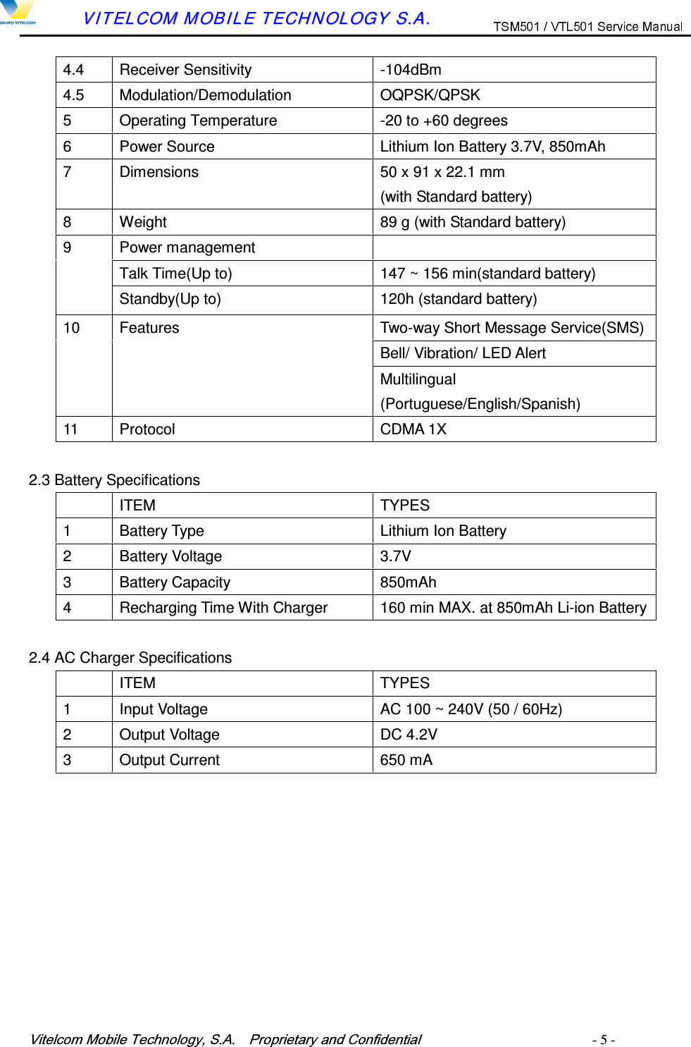 9LWHOFRP0RELOH7HFKQRORJ\6$  3URSULHWDU\DQG&amp;RQILGHQWLDO   - 5 -        VVIITTEELLCCOOMM  MMOOBBIILLEE  TTEECCHHNNOOLLOOGGYY  SS..AA..  4.4  Receiver Sensitivity  -104dBm 4.5  Modulation/Demodulation  OQPSK/QPSK 5  Operating Temperature  -20 to +60 degrees 6  Power Source  Lithium Ion Battery 3.7V, 850mAh 7  Dimensions  50 x 91 x 22.1 mm   (with Standard battery) 8  Weight  89 g (with Standard battery) Power management   Talk Time(Up to)  147 ~ 156 min(standard battery) 9 Standby(Up to)  120h (standard battery) Two-way Short Message Service(SMS) Bell/ Vibration/ LED Alert 10  Features Multilingual (Portuguese/English/Spanish) 11  Protocol  CDMA 1X  2.3 Battery Specifications   ITEM  TYPES 1  Battery Type  Lithium Ion Battery 2  Battery Voltage  3.7V 3  Battery Capacity  850mAh 4  Recharging Time With Charger  160 min MAX. at 850mAh Li-ion Battery  2.4 AC Charger Specifications   ITEM  TYPES 1  Input Voltage  AC 100 ~ 240V (50 / 60Hz) 2  Output Voltage  DC 4.2V 3  Output Current  650 mA           