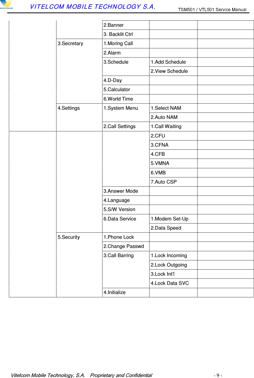 9LWHOFRP0RELOH7HFKQRORJ\6$  3URSULHWDU\DQG&amp;RQILGHQWLDO   - 9 -        VVIITTEELLCCOOMM  MMOOBBIILLEE  TTEECCHHNNOOLLOOGGYY  SS..AA..      2.Banner         3. Backlit Ctrl       3.Secretary  1.Moring Call         2.Alarm         3.Schedule  1.Add Schedule         2.View Schedule       4.D-Day        5.Calculator         6.World Time       4.Settings  1.System Menu  1.Select NAM         2.Auto NAM       2.Call Settings  1.Call Waiting         2.CFU         3.CFNA         4.CFB         5.VMNA         6.VMB         7.Auto CSP       3.Answer Mode         4.Language         5.S/W Version         6.Data Service  1.Modem Set-Up         2.Data Speed     5.Security  1.Phone Lock         2.Change Passwd         3.Call Barring  1.Lock Incoming         2.Lock Outgoing         3.Lock Int&rsquo;l         4.Lock Data SVC       4.Initialize      