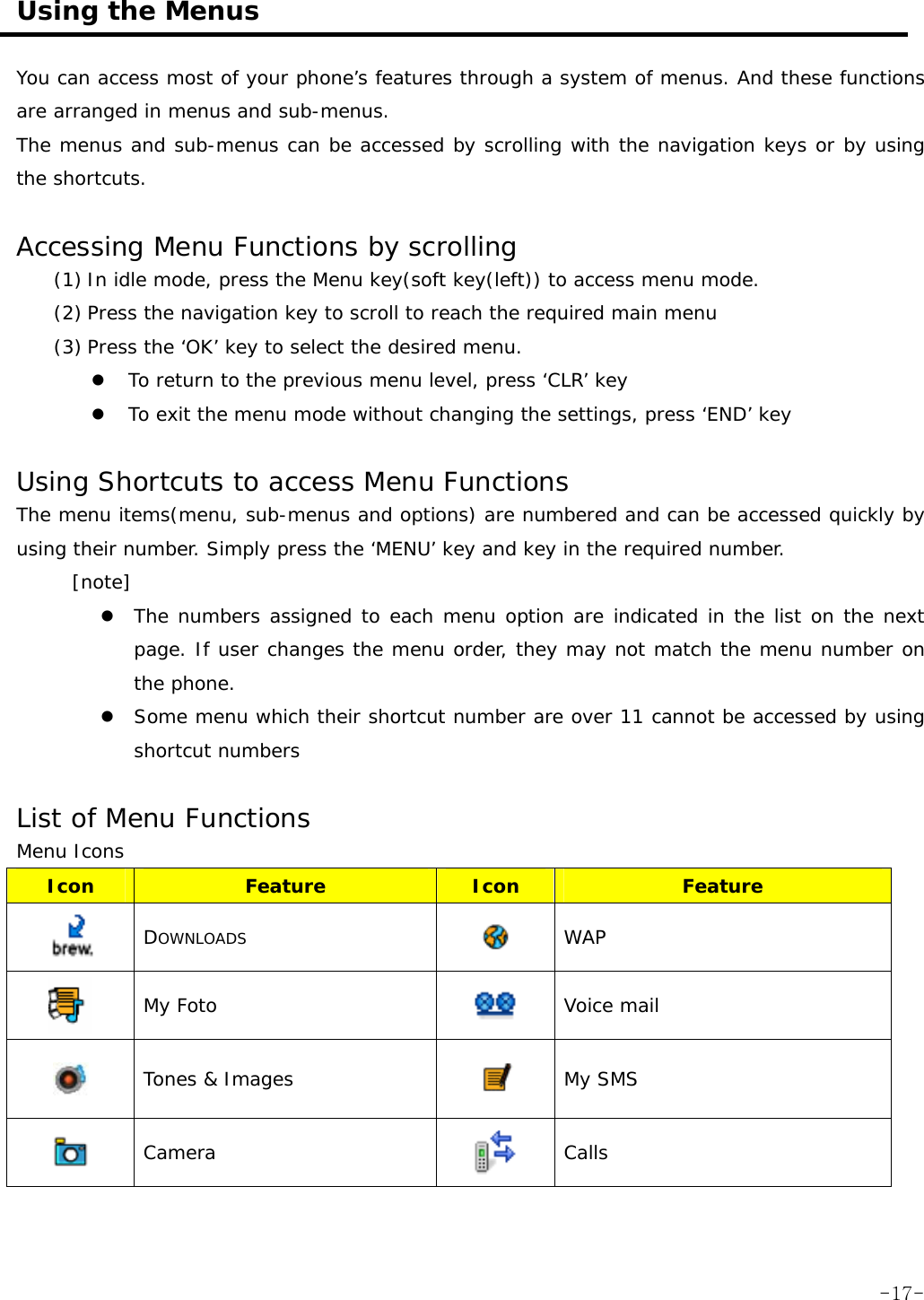  Using the Menus  You can access most of your phone&rsquo;s features through a system of menus. And these functions are arranged in menus and sub-menus. The menus and sub-menus can be accessed by scrolling with the navigation keys or by using the shortcuts.  Accessing Menu Functions by scrolling (1) In idle mode, press the Menu key(soft key(left)) to access menu mode. (2) Press the navigation key to scroll to reach the required main menu (3) Press the &lsquo;OK&rsquo; key to select the desired menu. z To return to the previous menu level, press &lsquo;CLR&rsquo; key z To exit the menu mode without changing the settings, press &lsquo;END&rsquo; key  Using Shortcuts to access Menu Functions  The menu items(menu, sub-menus and options) are numbered and can be accessed quickly by using their number. Simply press the &lsquo;MENU&rsquo; key and key in the required number. [note]  z The numbers assigned to each menu option are indicated in the list on the next page. If user changes the menu order, they may not match the menu number on the phone. z Some menu which their shortcut number are over 11 cannot be accessed by using shortcut numbers   List of Menu Functions Menu Icons Icon  Feature  Icon  Feature  DOWNLOADS  WAP  My Foto    Voice mail  Tones &amp; Images   My SMS  Camera   Calls  -17-
