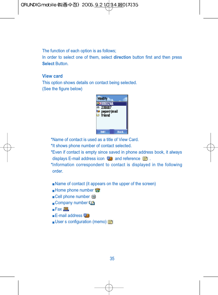 The function of each option is as follows;In order to select one of them, select direction button first and then pressSelect Button.View cardThis option shows details on contact being selected.(See the figure below)*Name of contact is used as a title of View Card.*It shows phone number of contact selected.*Even if contact is empty since saved in phone address book, it alwaysdisplays E-mail address icon  and reference  .*Information correspondent to contact is displayed in the followingorder.Name of contact (it appears on the upper of the screen) Home phone numberCell phone numberCompany numberFaxE-mail addressUser s configuration (memo)35