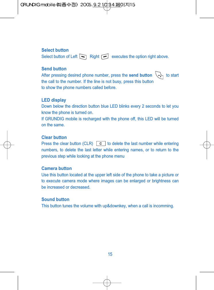 Select buttonSelect button of Left Right executes the option right above.Send button After pressing desired phone number, press the send button to startthe call to the number. If the line is not busy, press this buttonto show the phone numbers called before.LED displayDown below the direction button blue LED blinks every 2 seconds to let youknow the phone is turned on.If GRUNDIG mobile is recharged with the phone off, this LED will be turnedon the same.Clear buttonPress the clear button (CLR)  to delete the last number while enteringnumbers, to delete the last letter while entering names, or to return to theprevious step while looking at the phone menuCamera buttonUse this button located at the upper left side of the phone to take a picture orto execute camera mode where images can be enlarged or brightness canbe increased or decreased. Sound buttonThis button tunes the volume with up&amp;downkey, when a call is incomming.15
