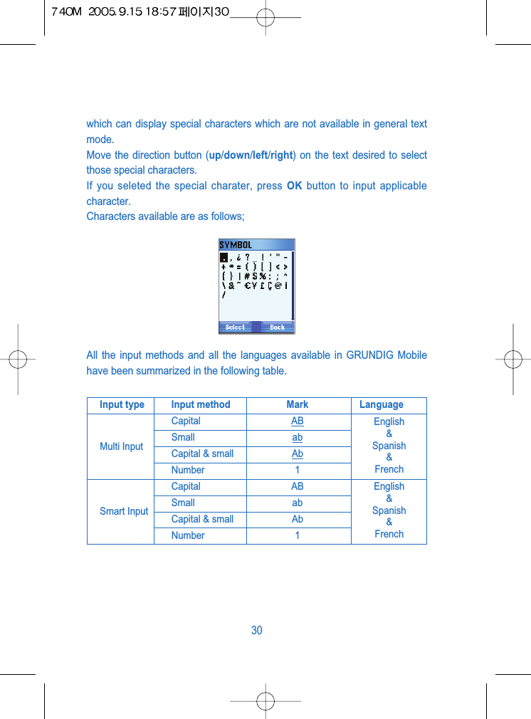 which can display special characters which are not available in general textmode.Move the direction button (up/down/left/right) on the text desired to selectthose special characters.If you seleted the special charater, press OK button to input applicablecharacter.Characters available are as follows;All the input methods and all the languages available in GRUNDIG Mobilehave been summarized in the following table.30Input type Input method Mark LanguageCapital ABMulti Input Small abCapital &amp; small AbNumber 1Capital ABSmart Input Small abCapital &amp; small AbNumber 1English&amp;Spanish&amp;FrenchEnglish&amp;Spanish&amp;French