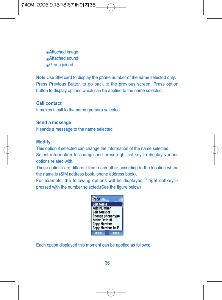 Attached imageAttached soundGroup joinedNote Use SIM card to display the phone number of the name selected only.Press Previous Button to go back to the previous screen. Press optionbutton to display options which can be applied to the name selected.Call contactIt makes a call to the name (person) selected.Send a messageIt sends a message to the name selected.ModifyThis option if selected can change the information of the name selected.Select information to change and press right softkey to display variousoptions related with.These options are different from each other according to the location wherethe name is (SIM address book, phone address book).For example, the following options will be displayed if right softkey ispressed with the number selected.(See the figure below)Each option displayed this moment can be applied as follows;36